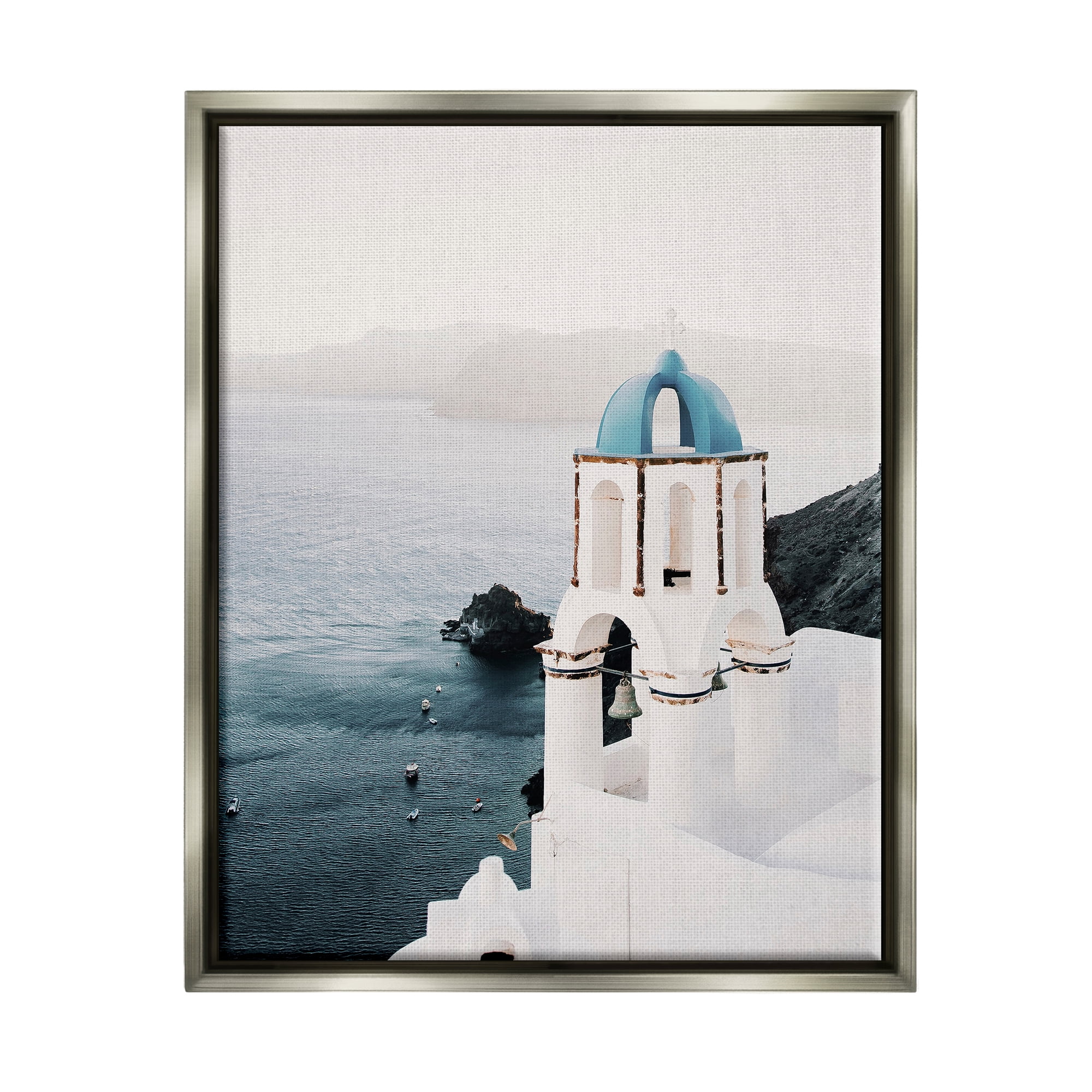 Stupell Industries Santorini Bell Tower Landscape Photography Gray Floater Framed Canvas Art Print Wall Art, 25 x 31