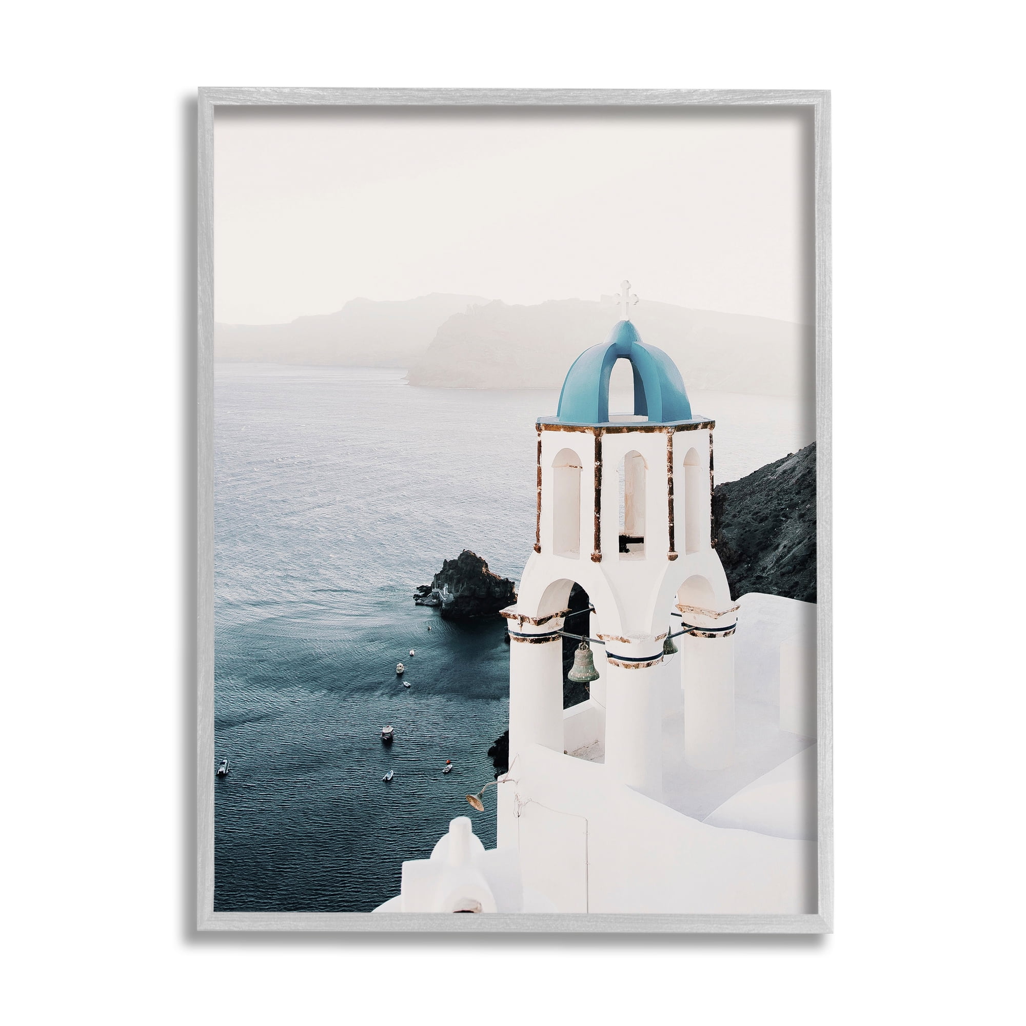 Stupell Industries Santorini Bell Tower Landscape Photography Gray Framed Art Print Wall Art, 16 x 20