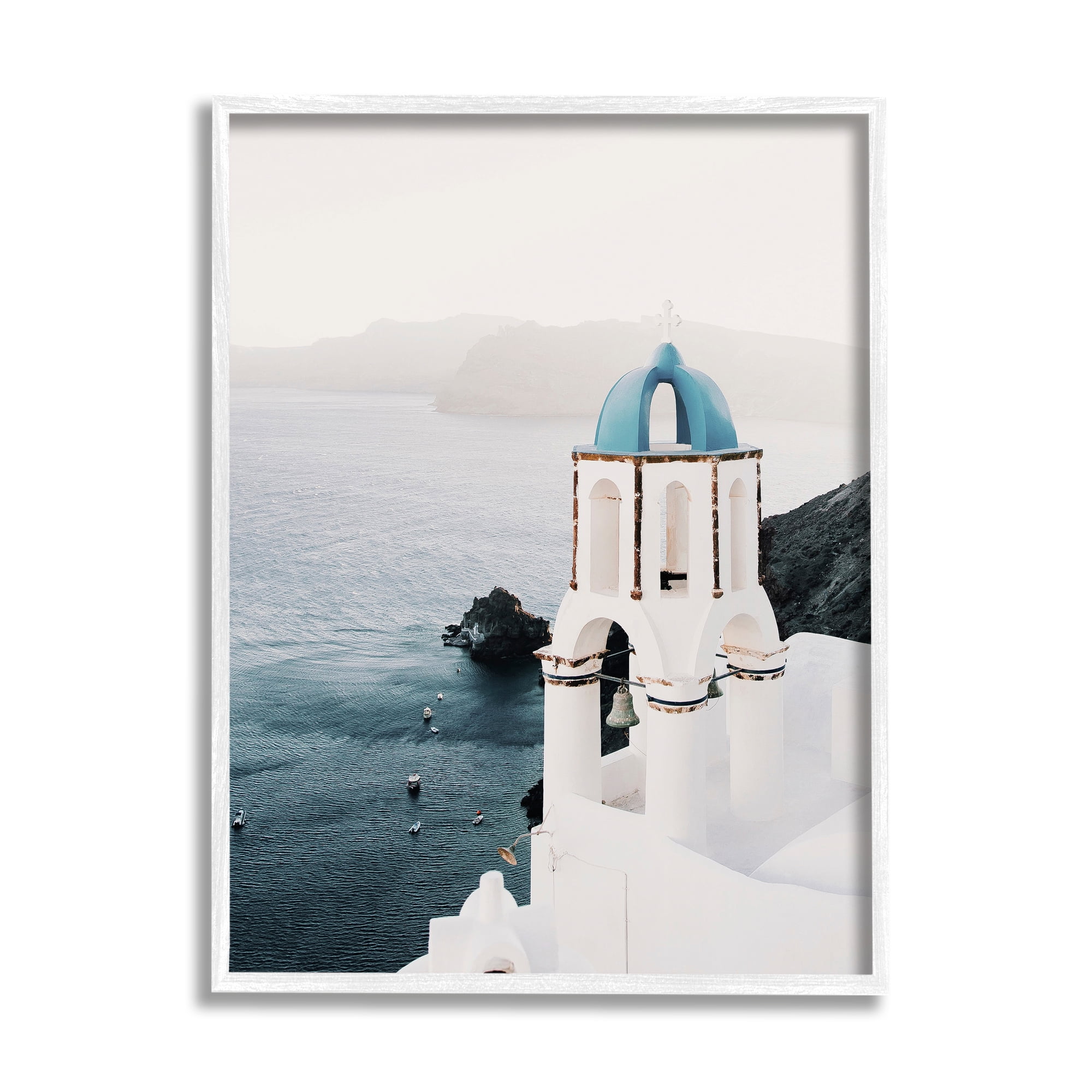 Stupell Industries Santorini Bell Tower Landscape Photography White Framed Art Print Wall Art, 11 x 14