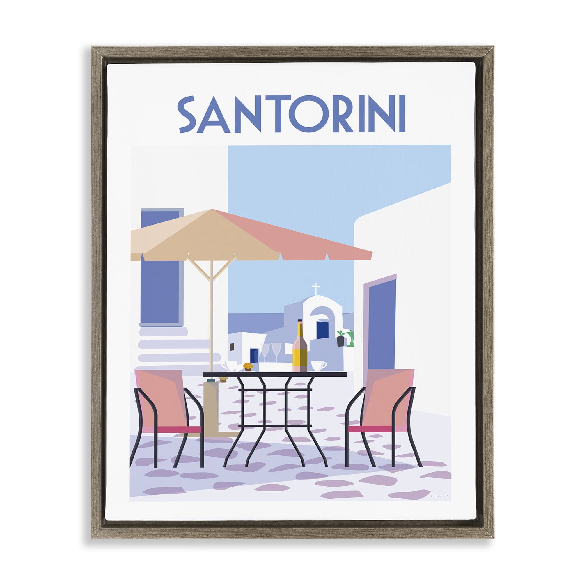Stupell Industries Santorini Bistro Poster Scenic & Cityscapes Painting Brown Floater Framed Canvas Art Print Wall Art, 17 x 21