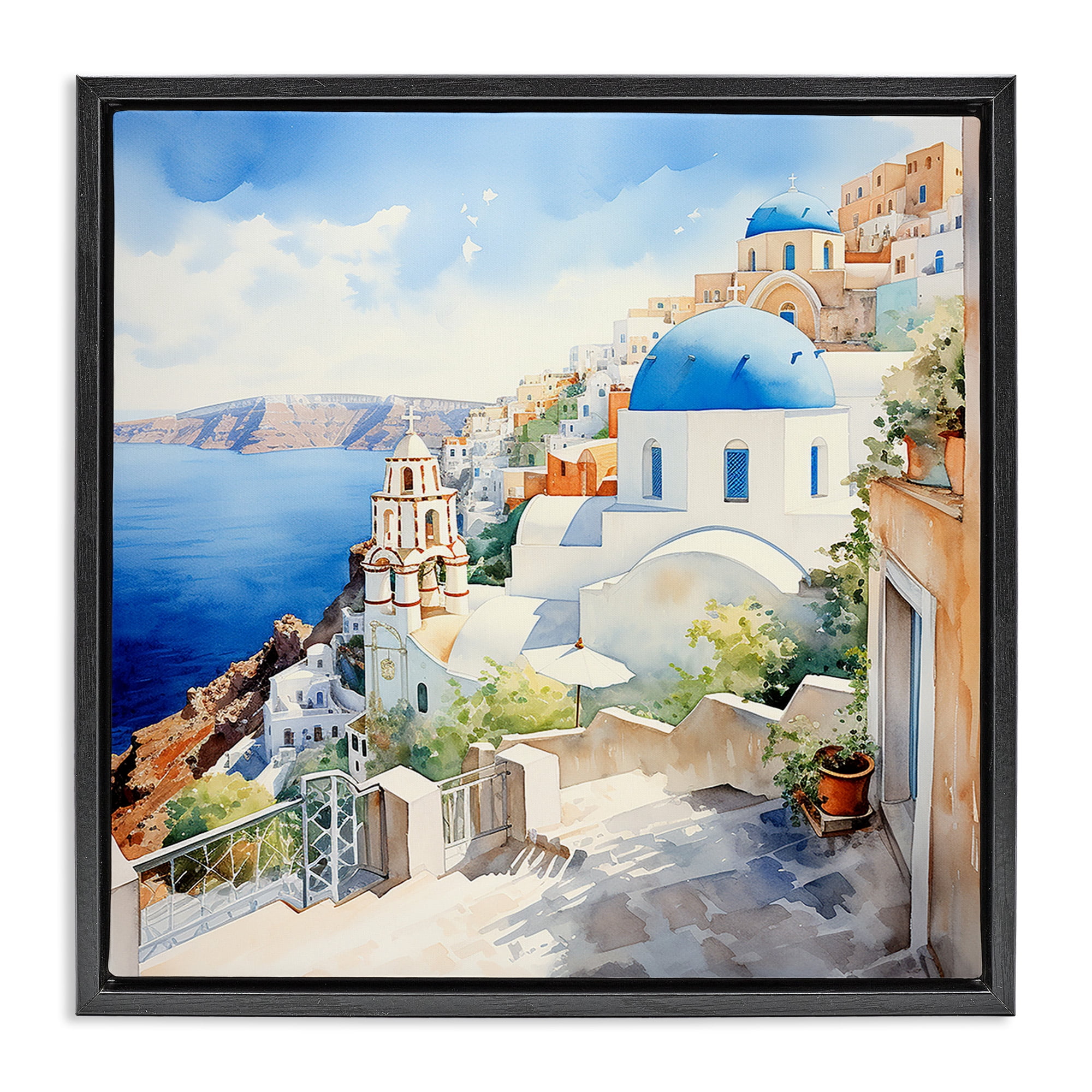 Stupell Industries Santorini City Landscape Travel & Places Painting Black Floater Framed Canvas Art Print Wall Art, 25 x 25