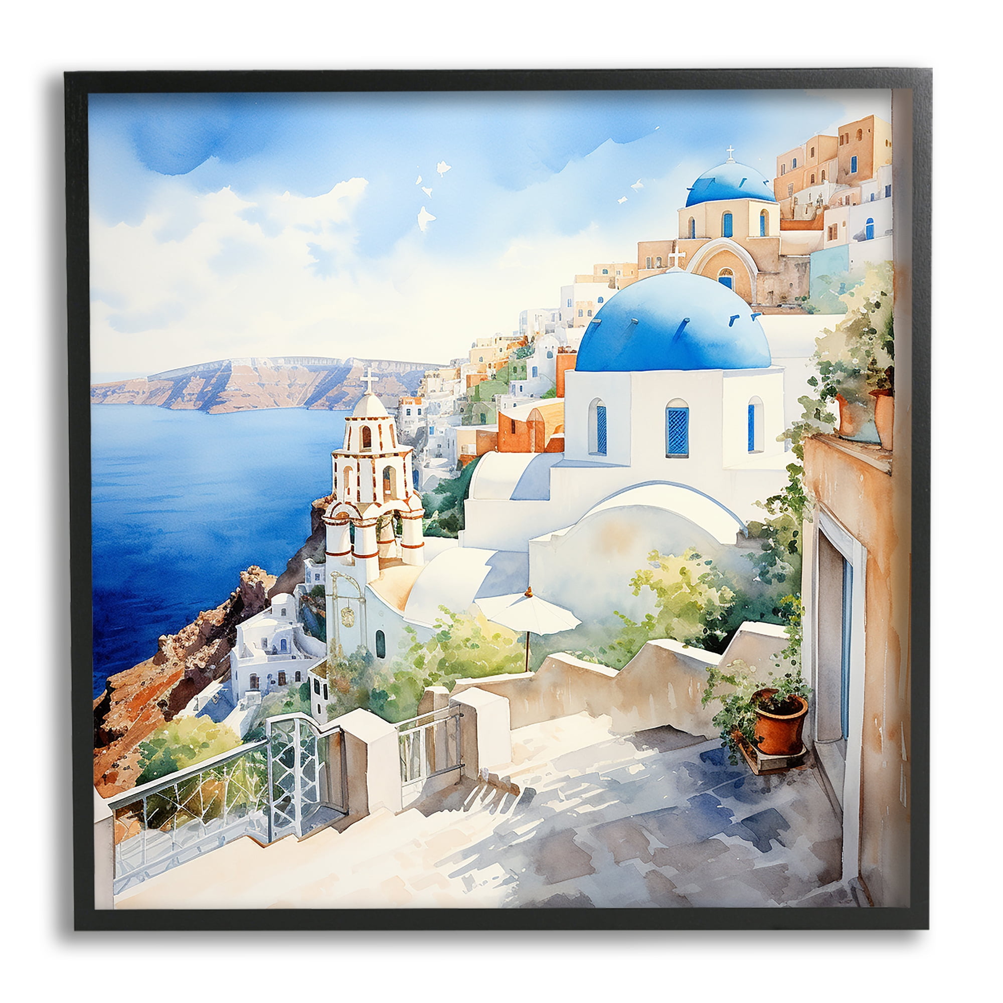 Stupell Industries Santorini City Landscape Travel & Places Painting Black Framed Art Print Wall Art, 24 x 24