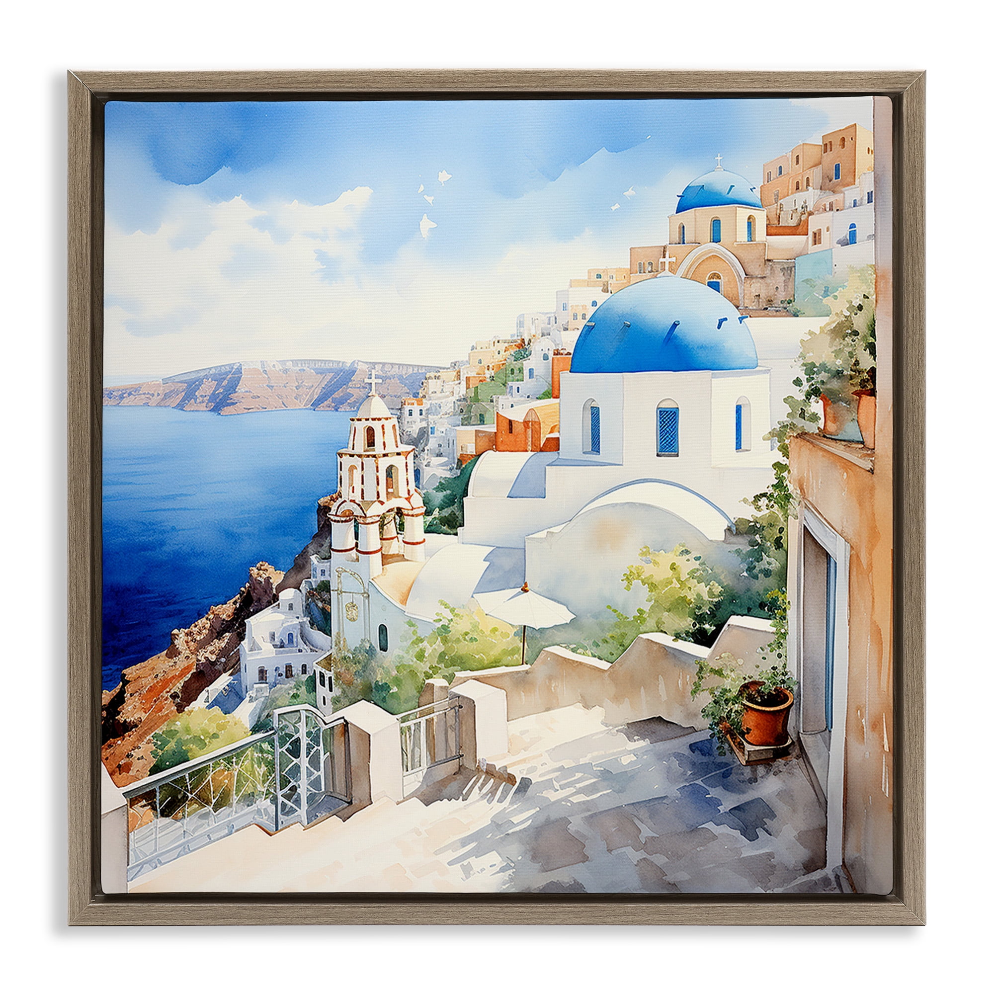 Stupell Industries Santorini City Landscape Travel & Places Painting Brown Floater Framed Canvas Art Print Wall Art, 25 x 25