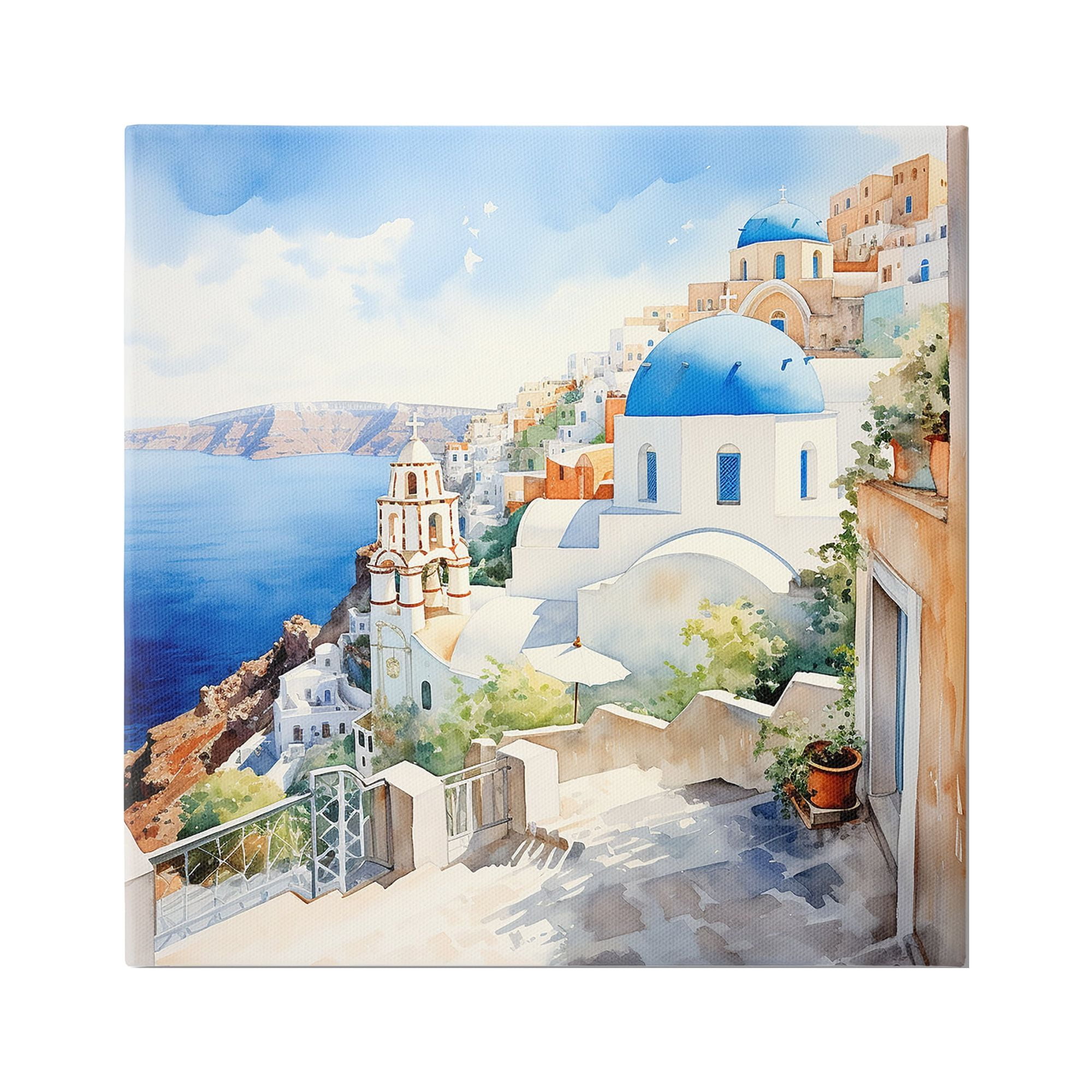 Stupell Industries Santorini City Landscape Travel & Places Painting Gallery Wrapped Canvas Art Print Wall Art, 30 x 30