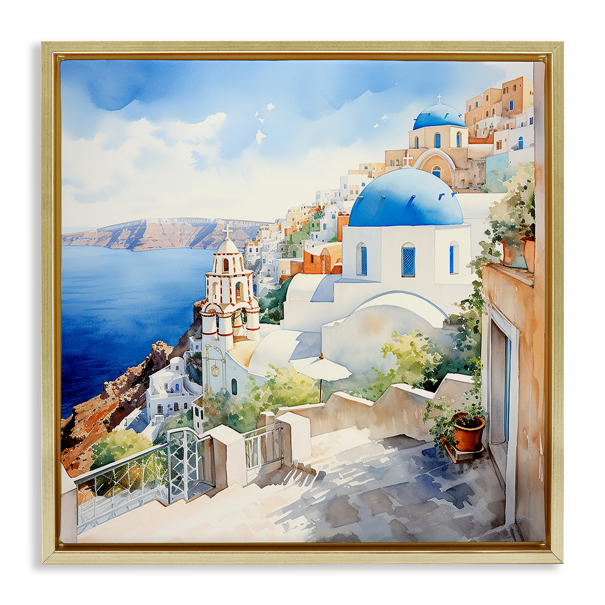 Stupell Industries Santorini City Landscape Travel & Places Painting Gold Floater Framed Canvas Art Print Wall Art, 25 x 25