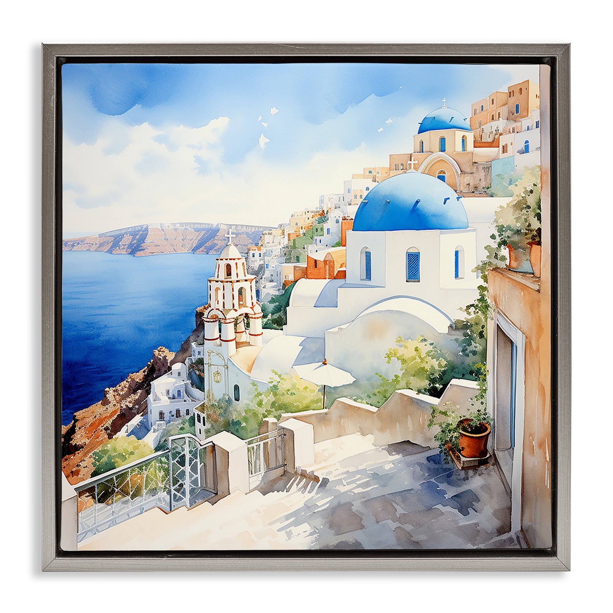 Stupell Industries Santorini City Landscape Travel & Places Painting Gray Floater Framed Canvas Art Print Wall Art, 25 x 25