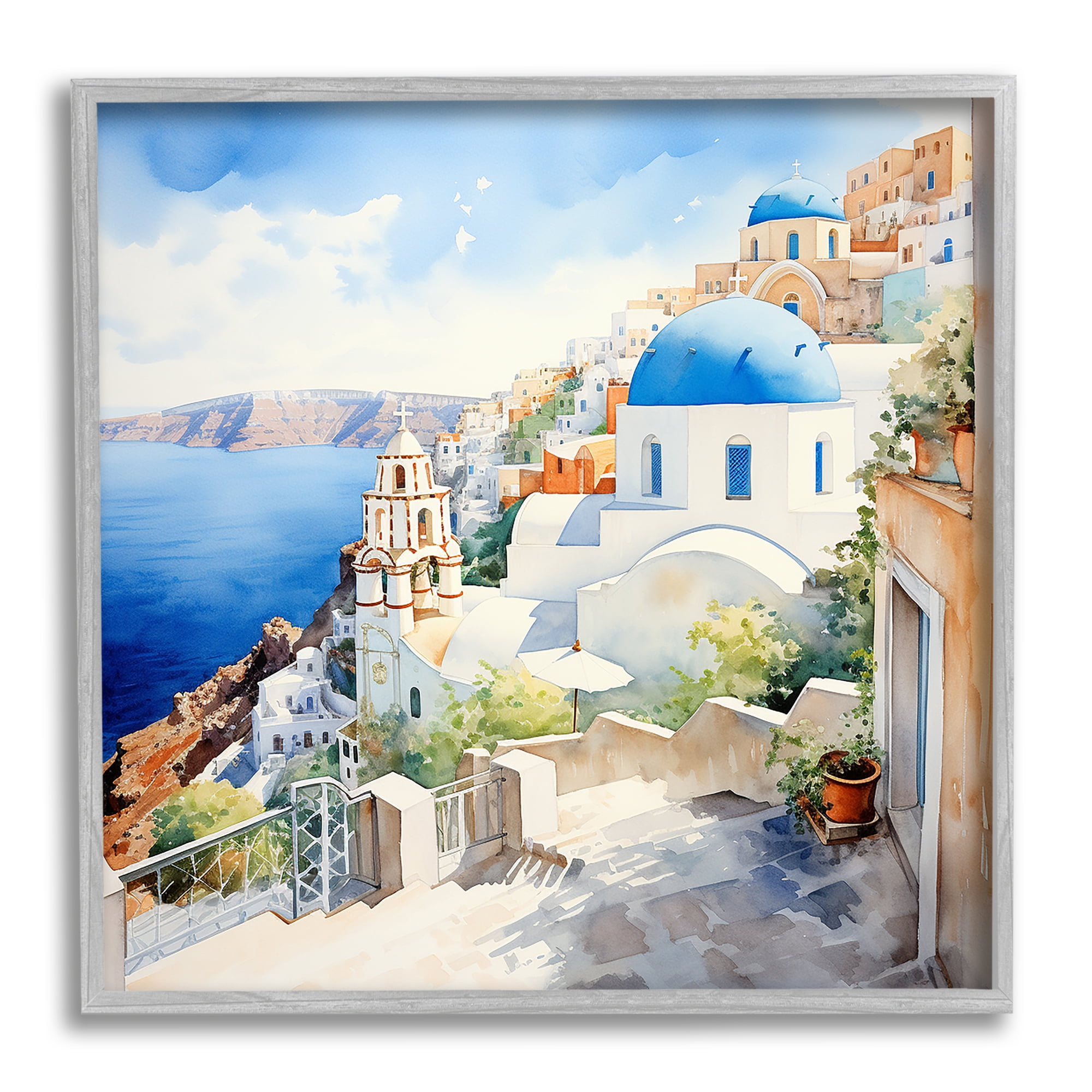 Stupell Industries Santorini City Landscape Travel & Places Painting Gray Framed Art Print Wall Art, 24 x 24
