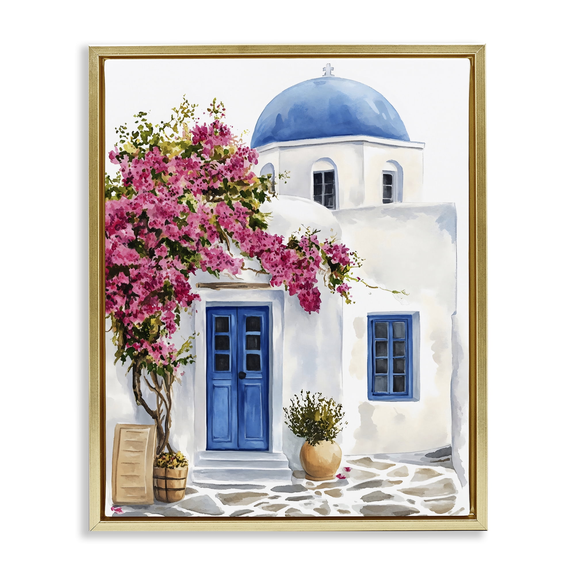 Stupell Industries Santorini House with Bougainvillea Gold Framed Floater Canvas Wall Art, design by LSR Design Studio