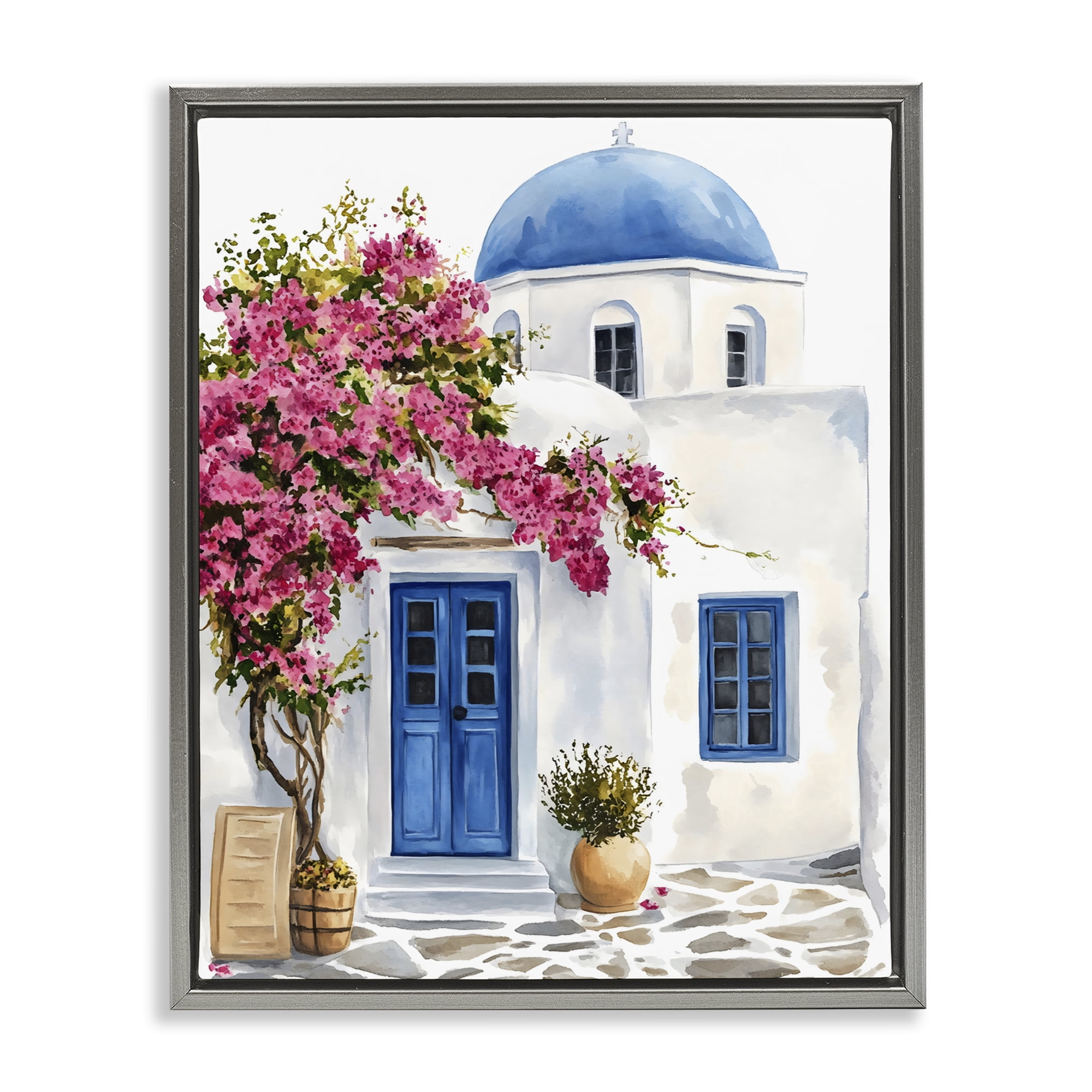 Stupell Industries Santorini House with Bougainvillea Gray Framed Floater Canvas Wall Art, design by LSR Design Studio