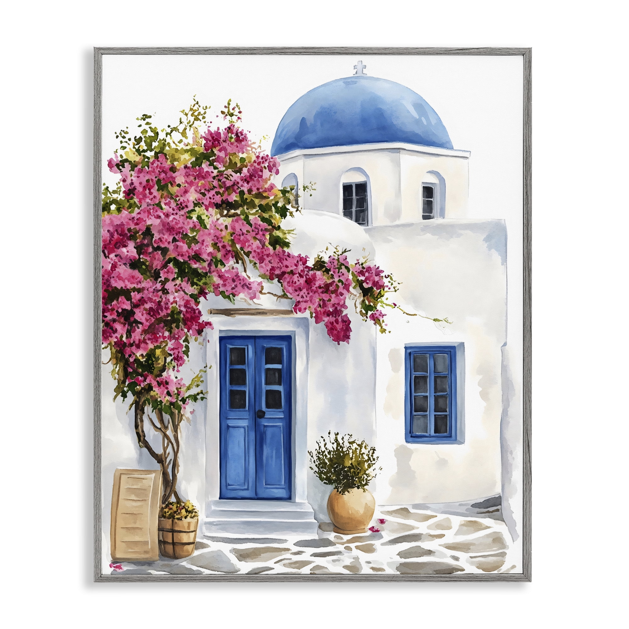 Stupell Industries Santorini House with Bougainvillea Gray Framed Giclee Art, design by LSR Design Studio