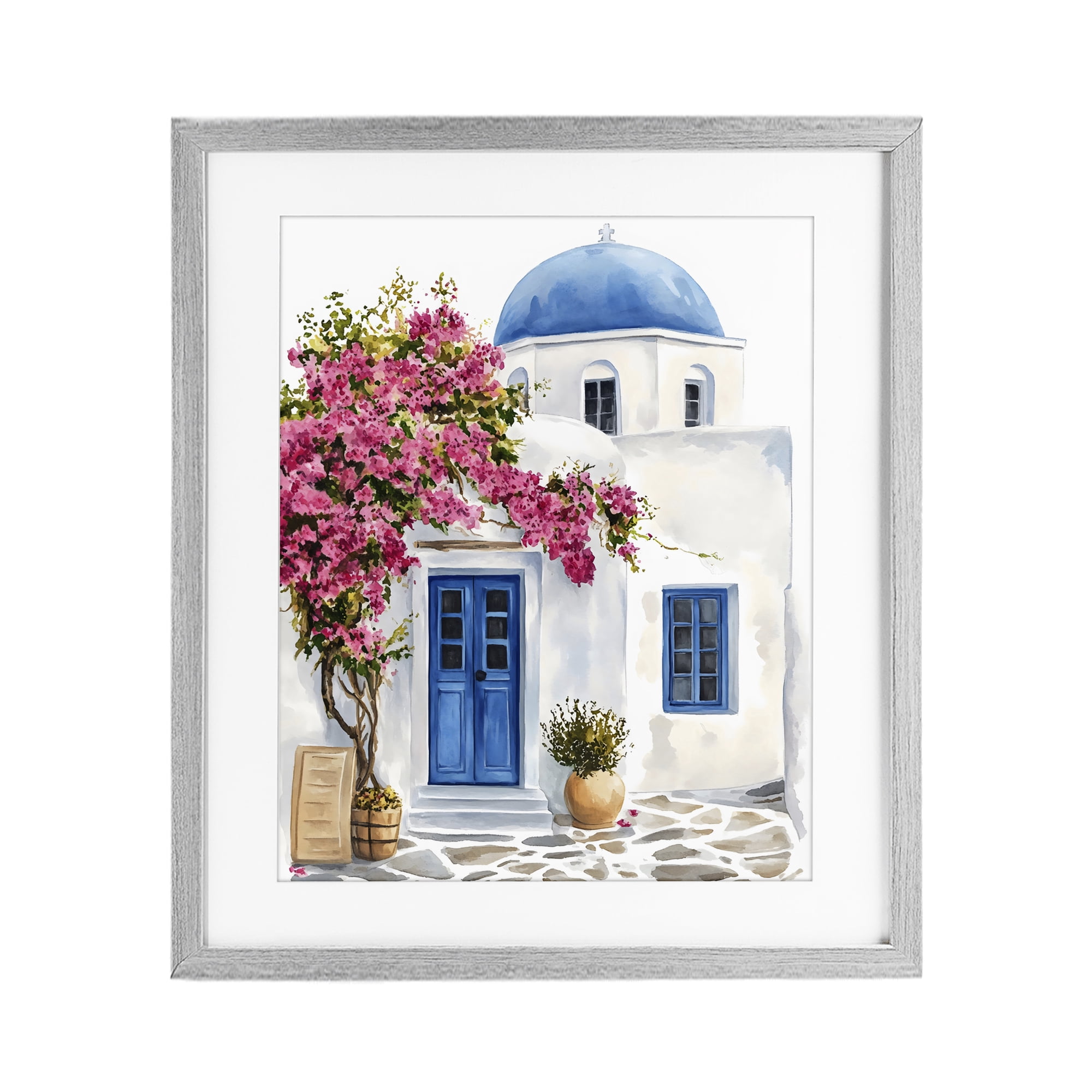 Stupell Industries Santorini House with Bougainvillea Gray Framed Print Under Glass, design by LSR Design Studio