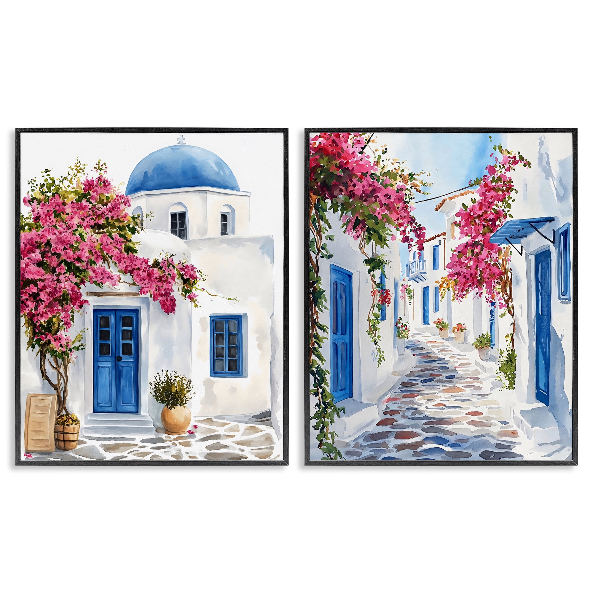 Stupell Industries Santorini House with Pink Tree 2 Piece Black Framed Giclee Art Set, design by LSR Design Studio