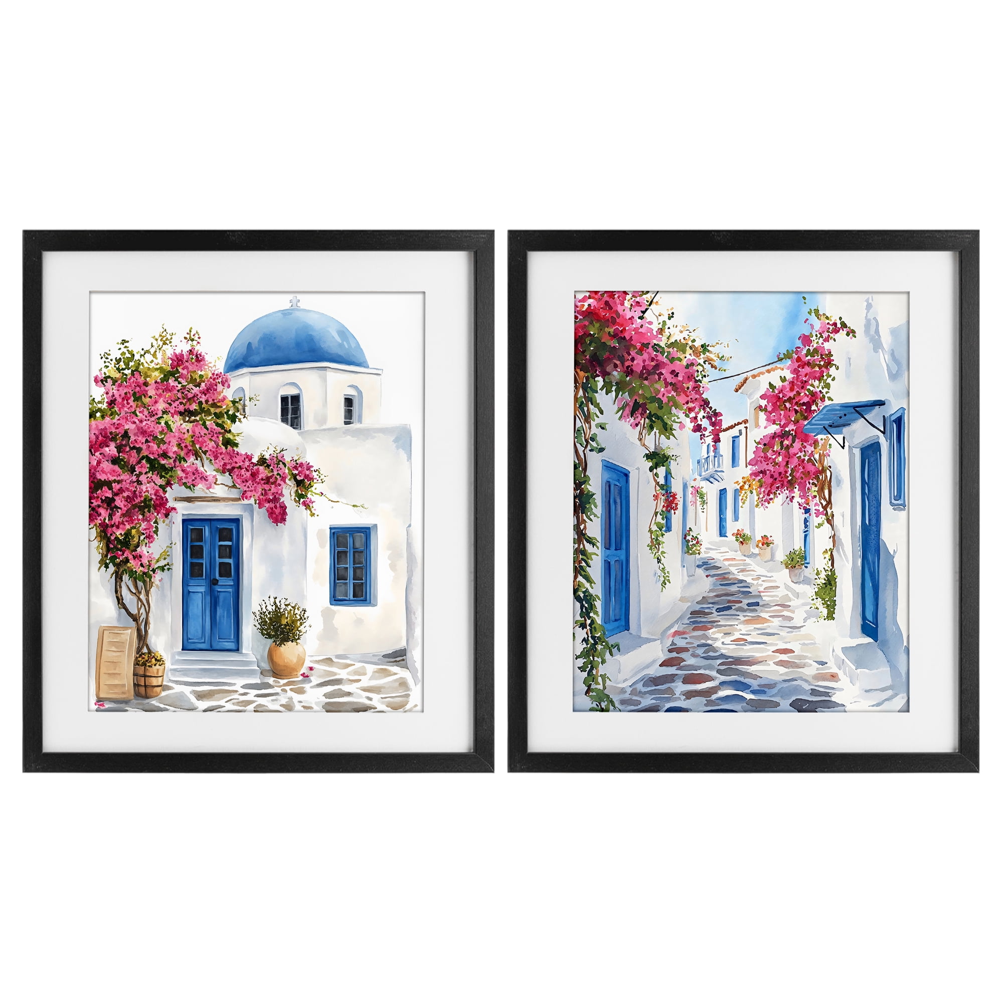 Stupell Industries Santorini House with Pink Tree 2 Piece Black Framed Print Under Glass Set, design by LSR Design Studio
