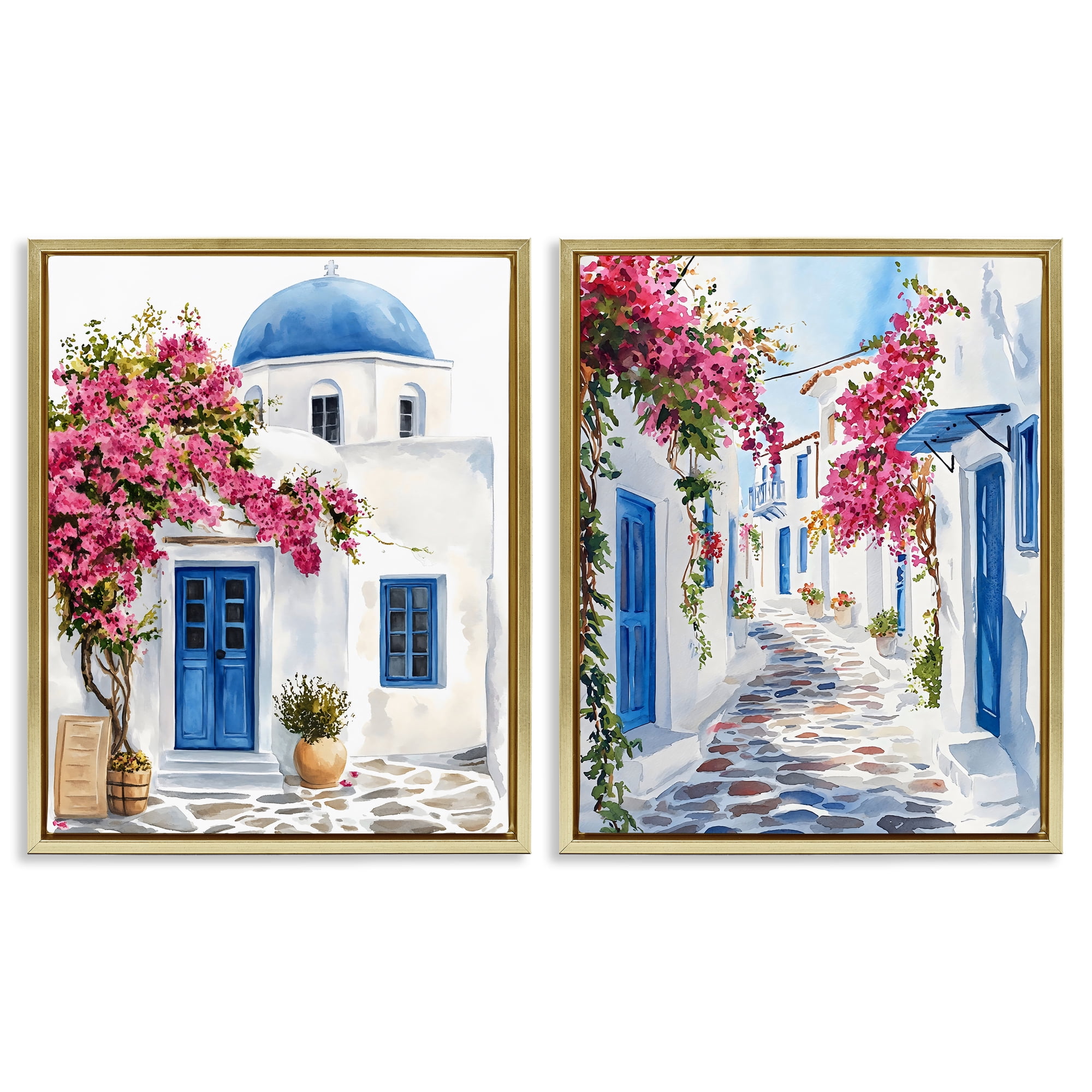 Stupell Industries Santorini House with Pink Tree 2 Piece Gold Framed Floater Canvas Set, design by LSR Design Studio