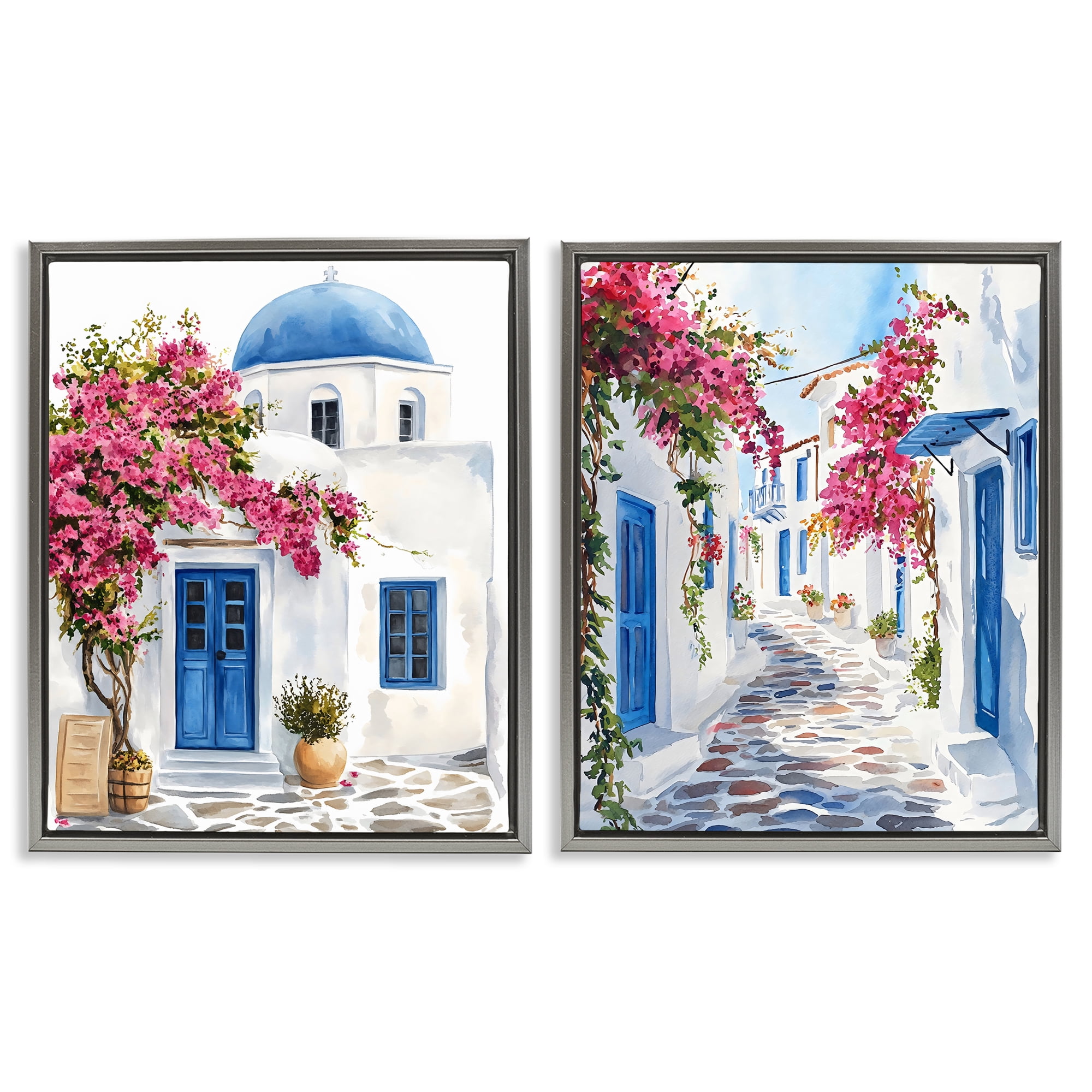 Stupell Industries Santorini House with Pink Tree 2 Piece Gray Framed Floater Canvas Set, design by LSR Design Studio