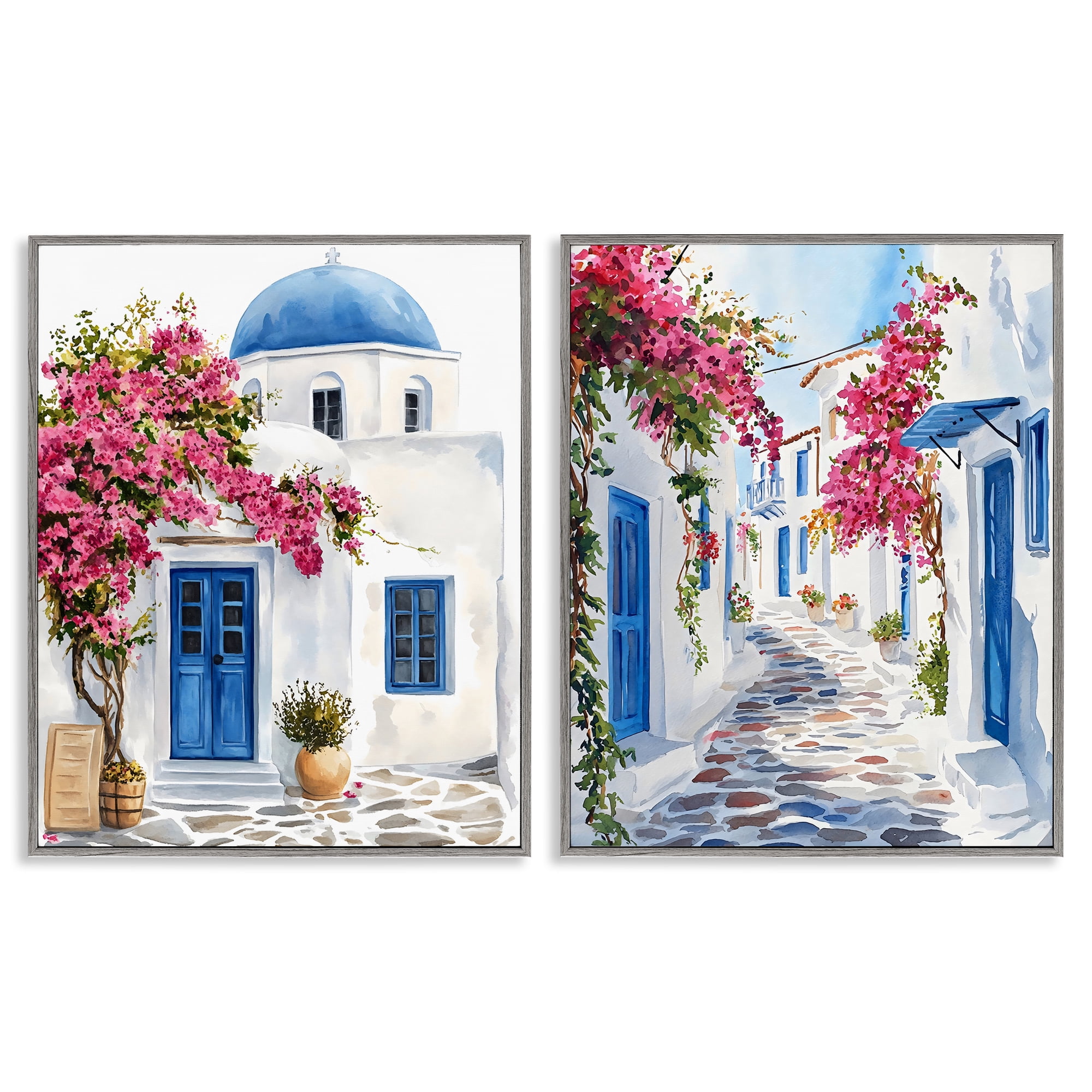 Stupell Industries Santorini House with Pink Tree 2 Piece Gray Framed Giclee Art Set, design by LSR Design Studio