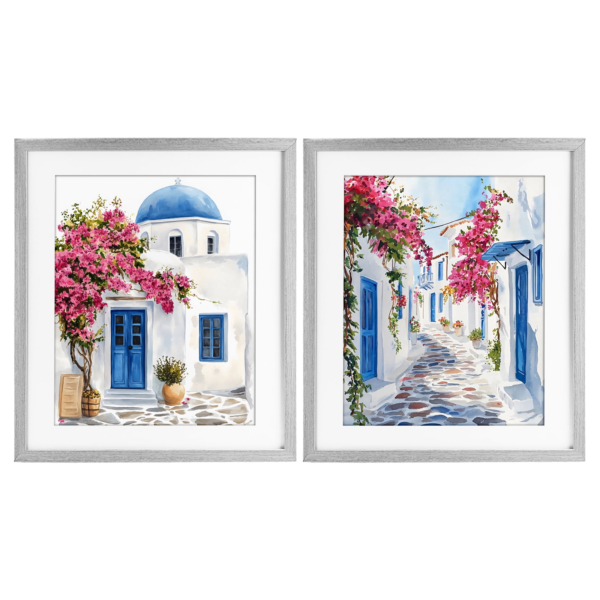 Stupell Industries Santorini House with Pink Tree 2 Piece Gray Framed Print Under Glass Set, design by LSR Design Studio