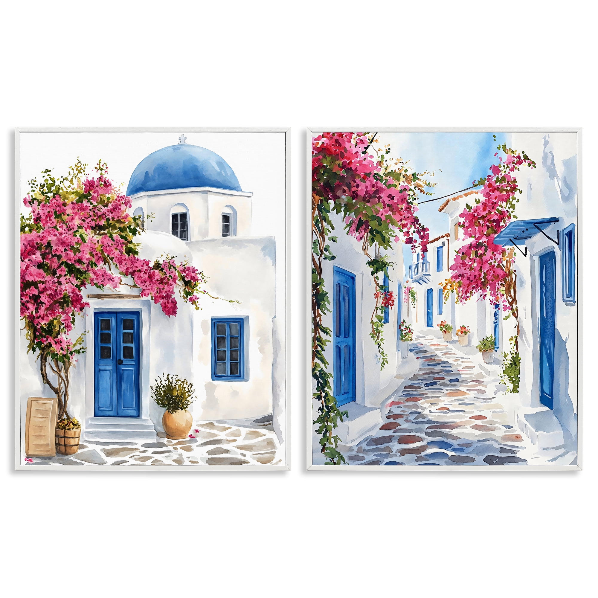 Stupell Industries Santorini House with Pink Tree 2 Piece White Framed Giclee Art Set, design by LSR Design Studio