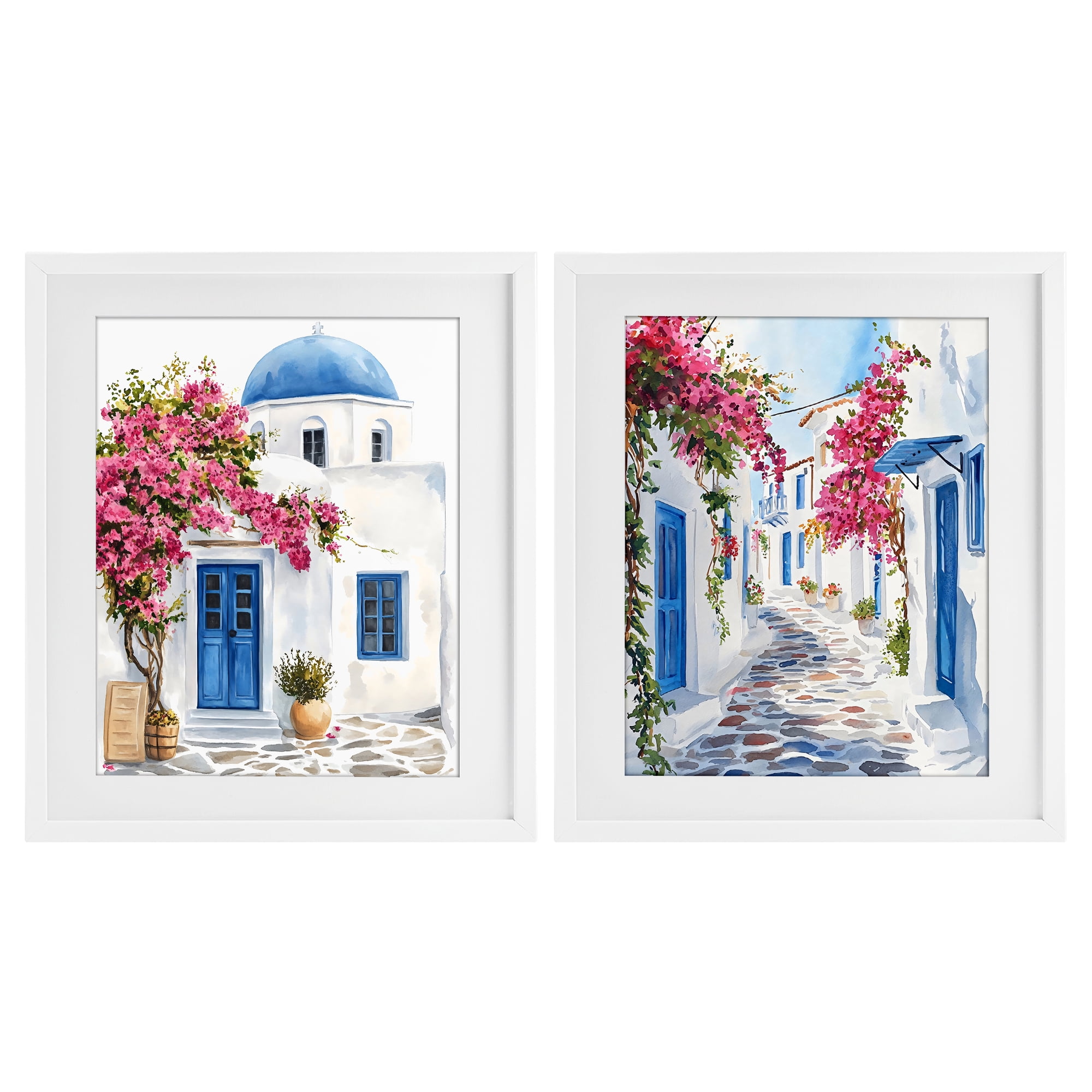 Stupell Industries Santorini House with Pink Tree 2 Piece White Framed Print Under Glass Set, design by LSR Design Studio