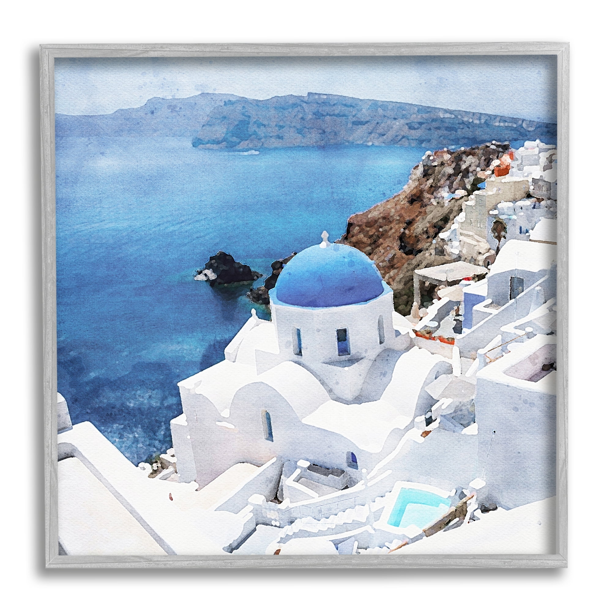 Stupell Industries Santorini Ocean Scenery Transportation Painting Gray Framed Art Print Wall Art, 24 x 24