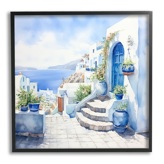 Stupell Industries Santorini Terrace View Travel & Places Painting Black Framed Art Print Wall Art, 24 x 24