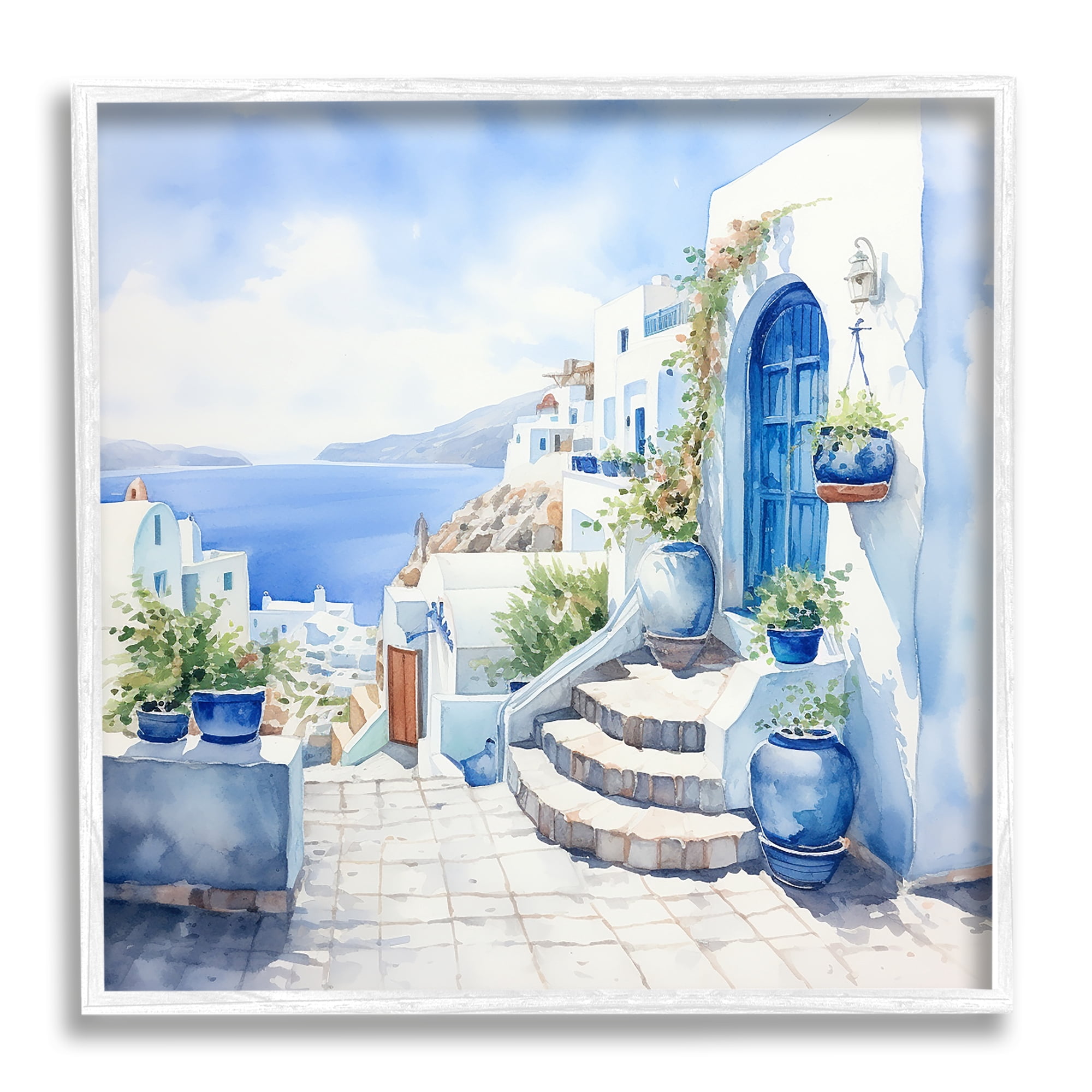 Stupell Industries Santorini Terrace View Travel & Places Painting White Framed Art Print Wall Art, 12 x 12