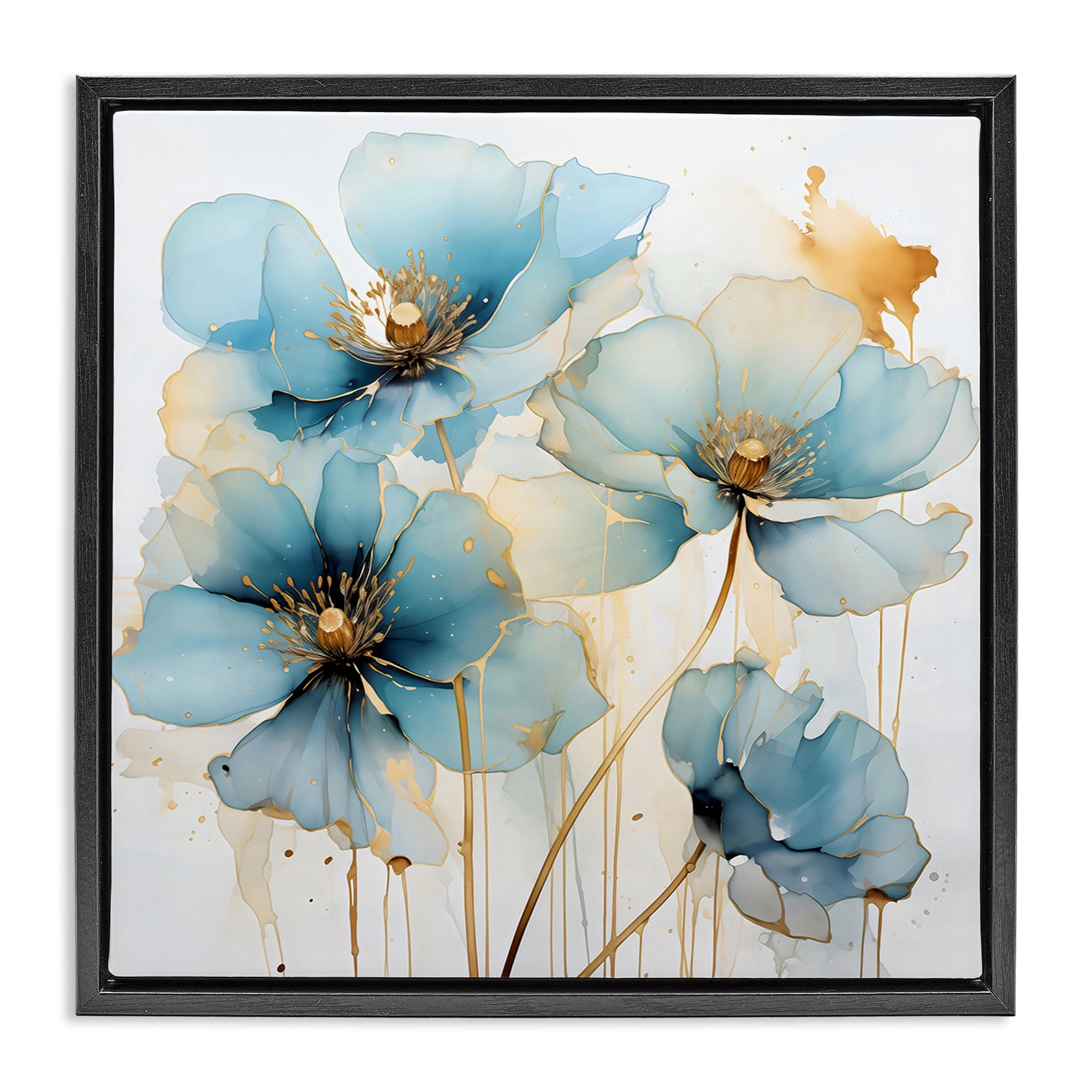 Stupell Industries Sapphire and Gold Florals Black Framed Floater Canvas Wall Art, design by Creative Studio