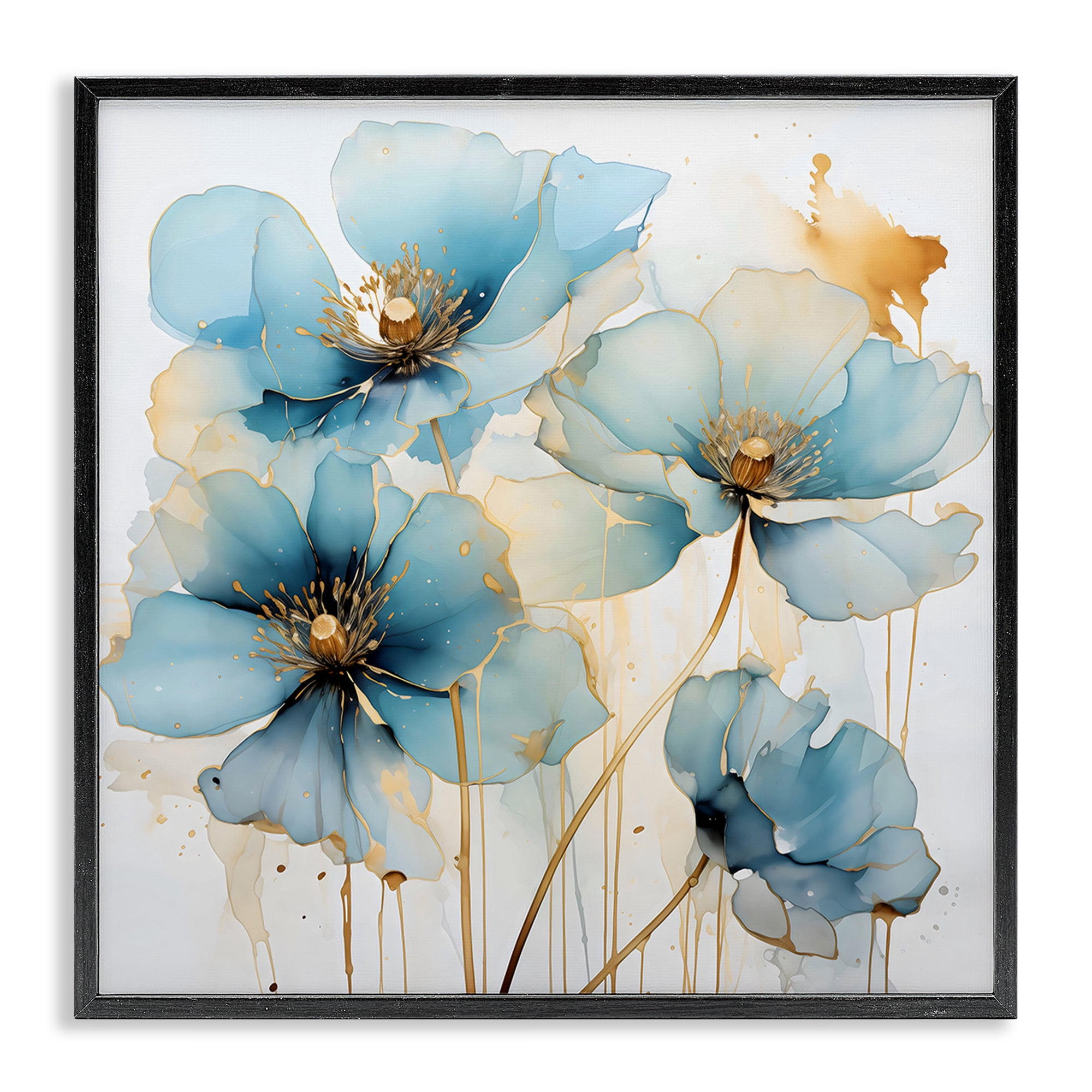 Stupell Industries Sapphire and Gold Florals Black Framed Giclee Art, design by Creative Studio