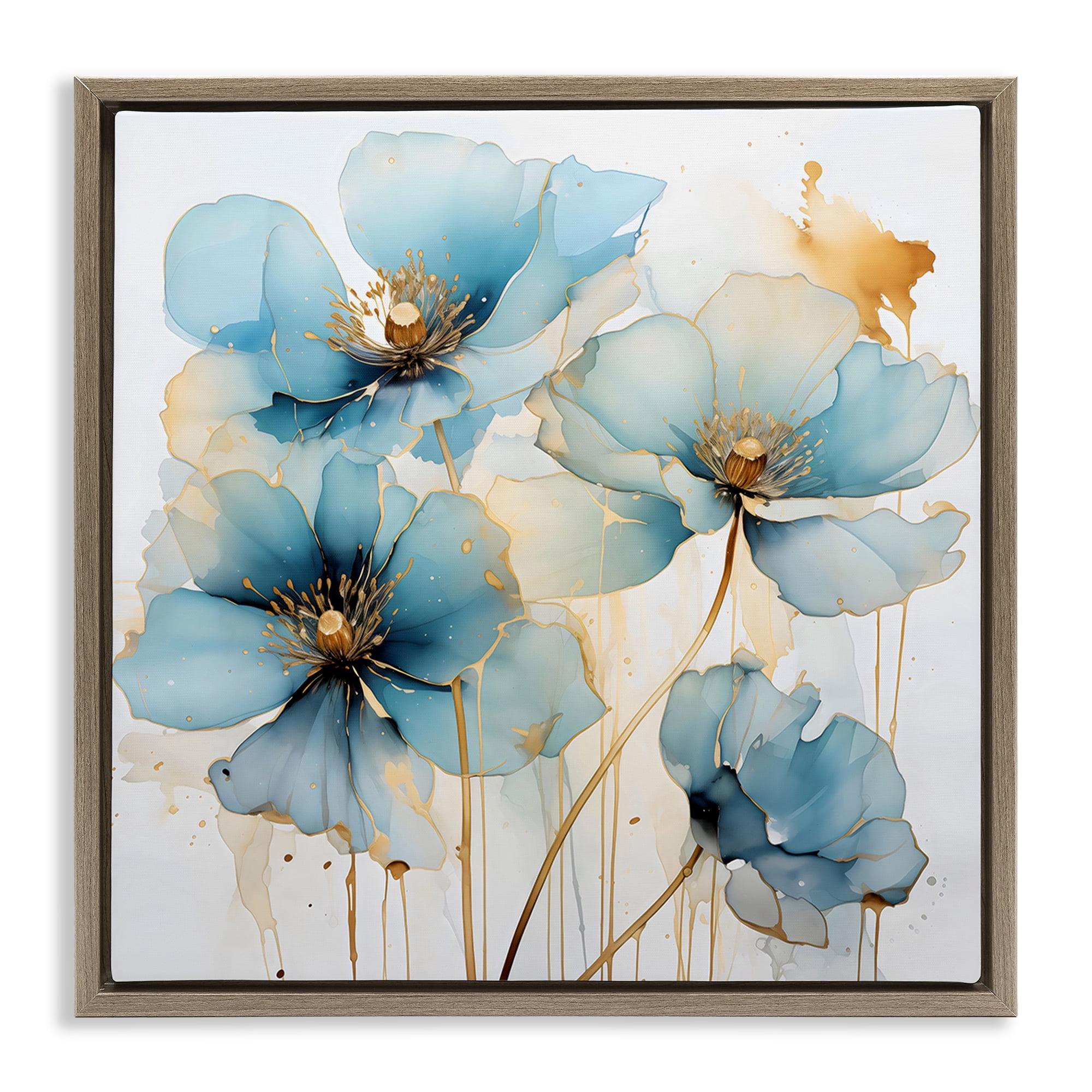 Stupell Industries Sapphire and Gold Florals Brown Framed Floater Canvas Wall Art, design by Creative Studio