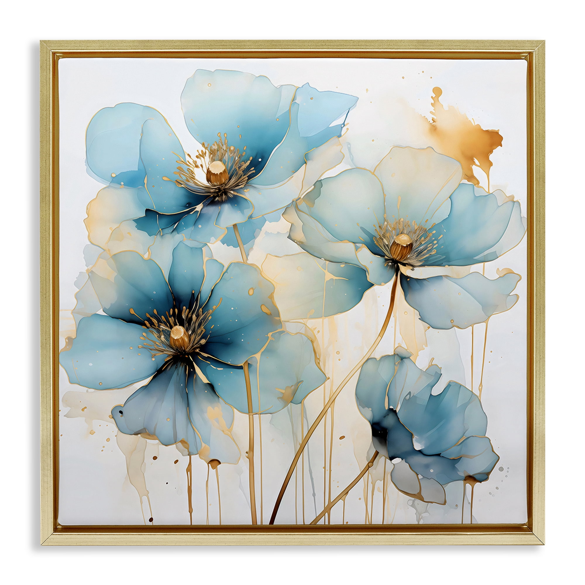 Stupell Industries Sapphire and Gold Florals Gold Framed Floater Canvas Wall Art, design by Creative Studio