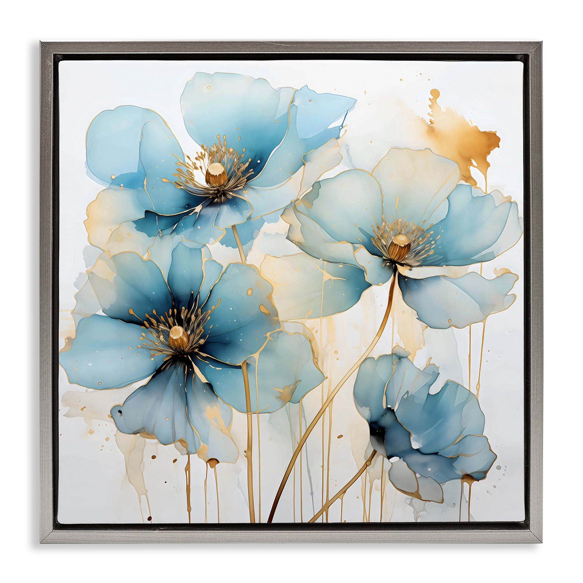 Stupell Industries Sapphire and Gold Florals Gray Framed Floater Canvas Wall Art, design by Creative Studio