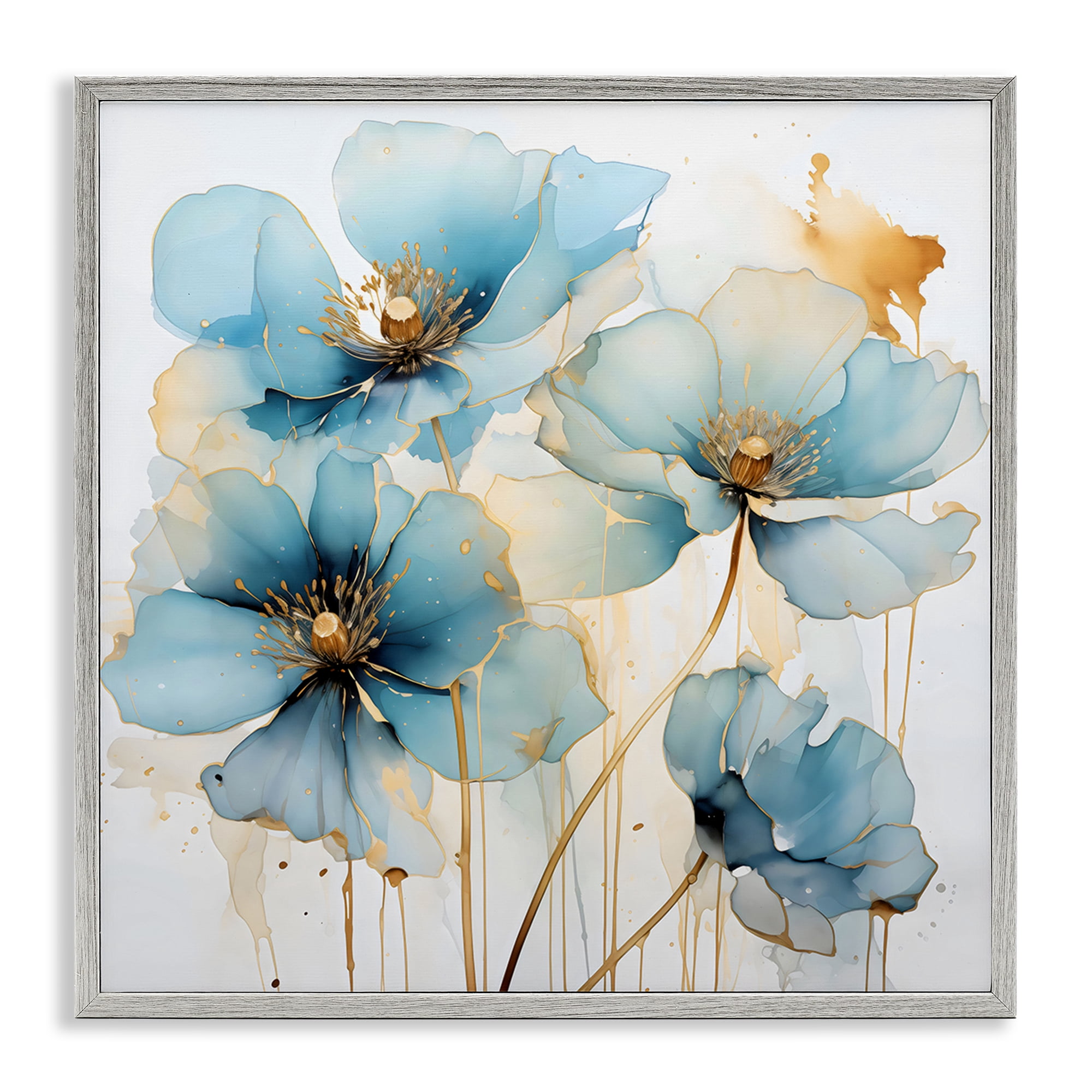 Stupell Industries Sapphire and Gold Florals Gray Framed Giclee Art, design by Creative Studio