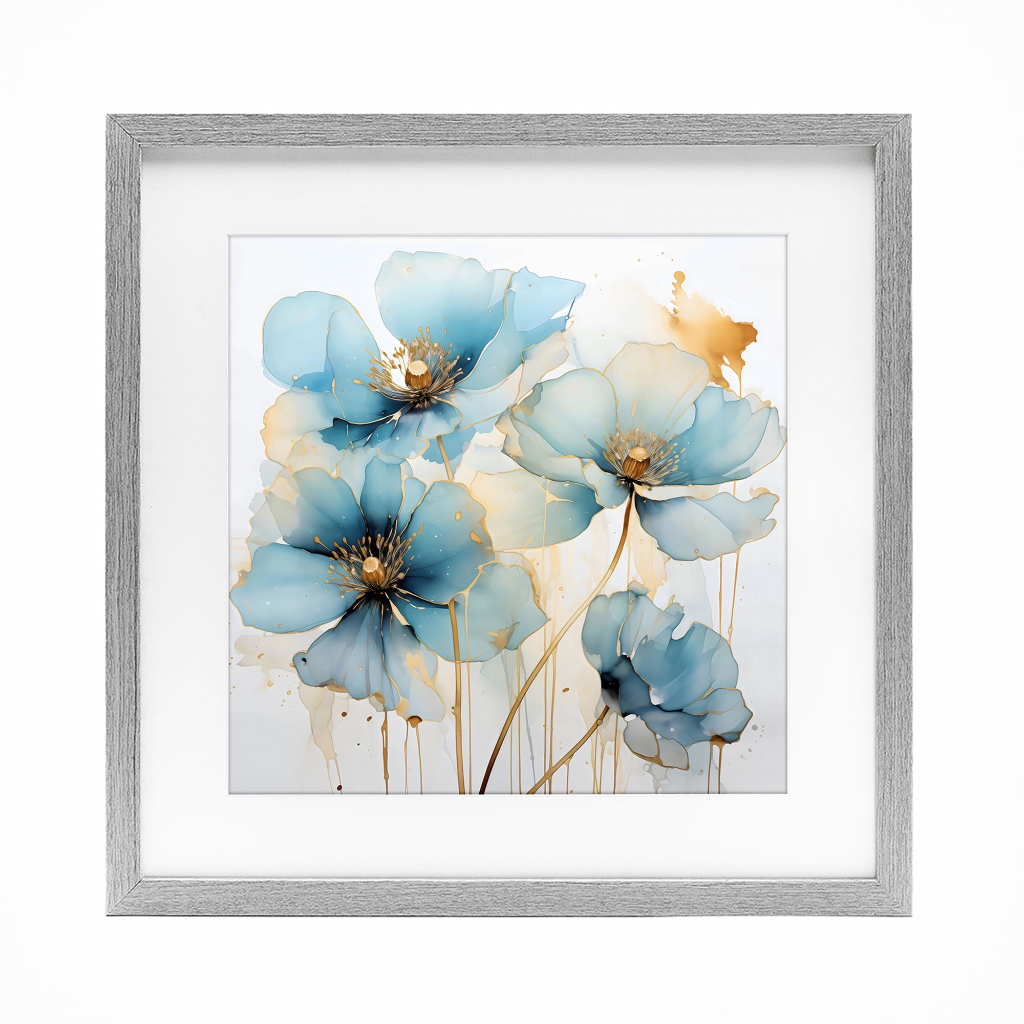 Stupell Industries Sapphire and Gold Florals Gray Framed Print Under Glass, design by Creative Studio