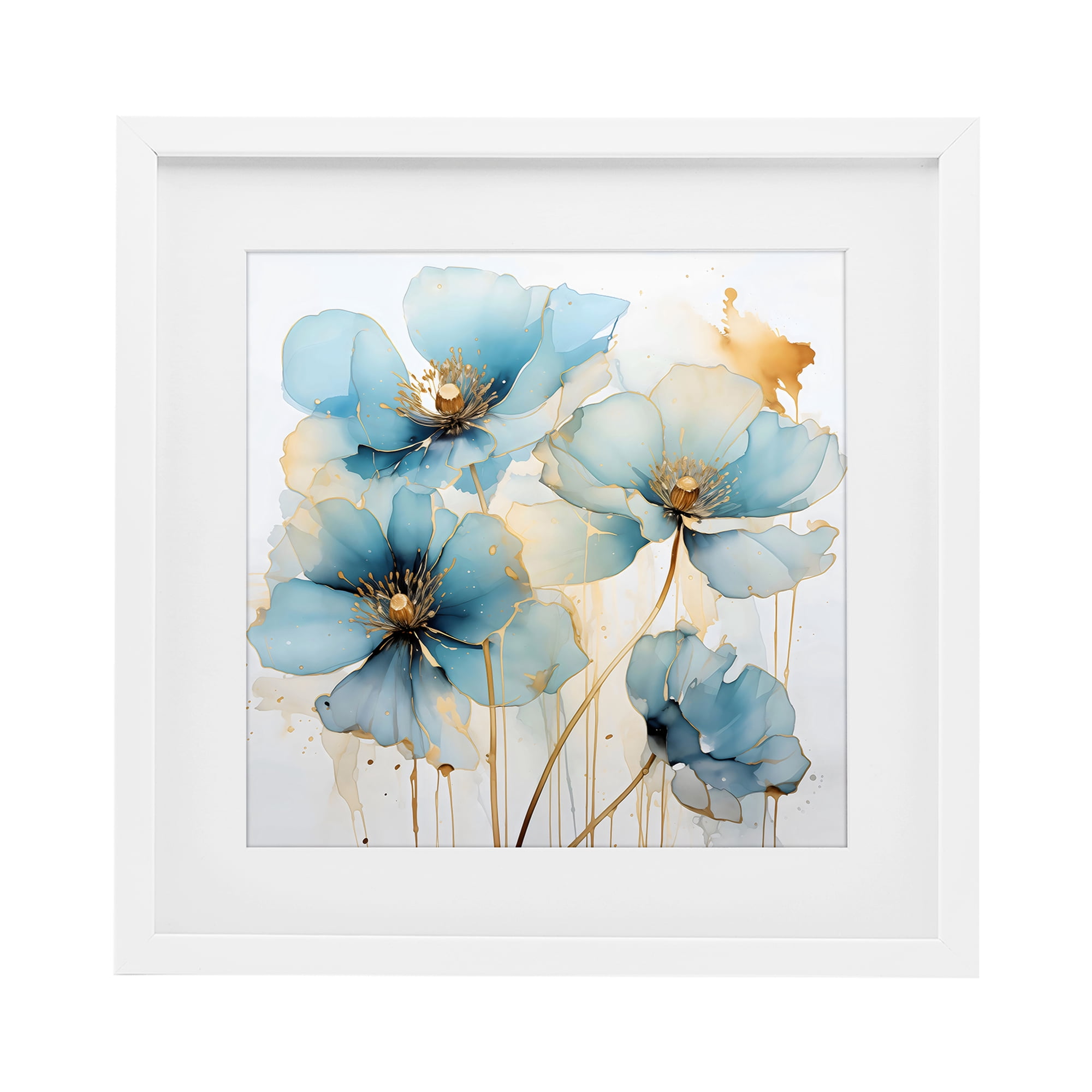 Stupell Industries Sapphire and Gold Florals White Framed Print Under Glass, design by Creative Studio