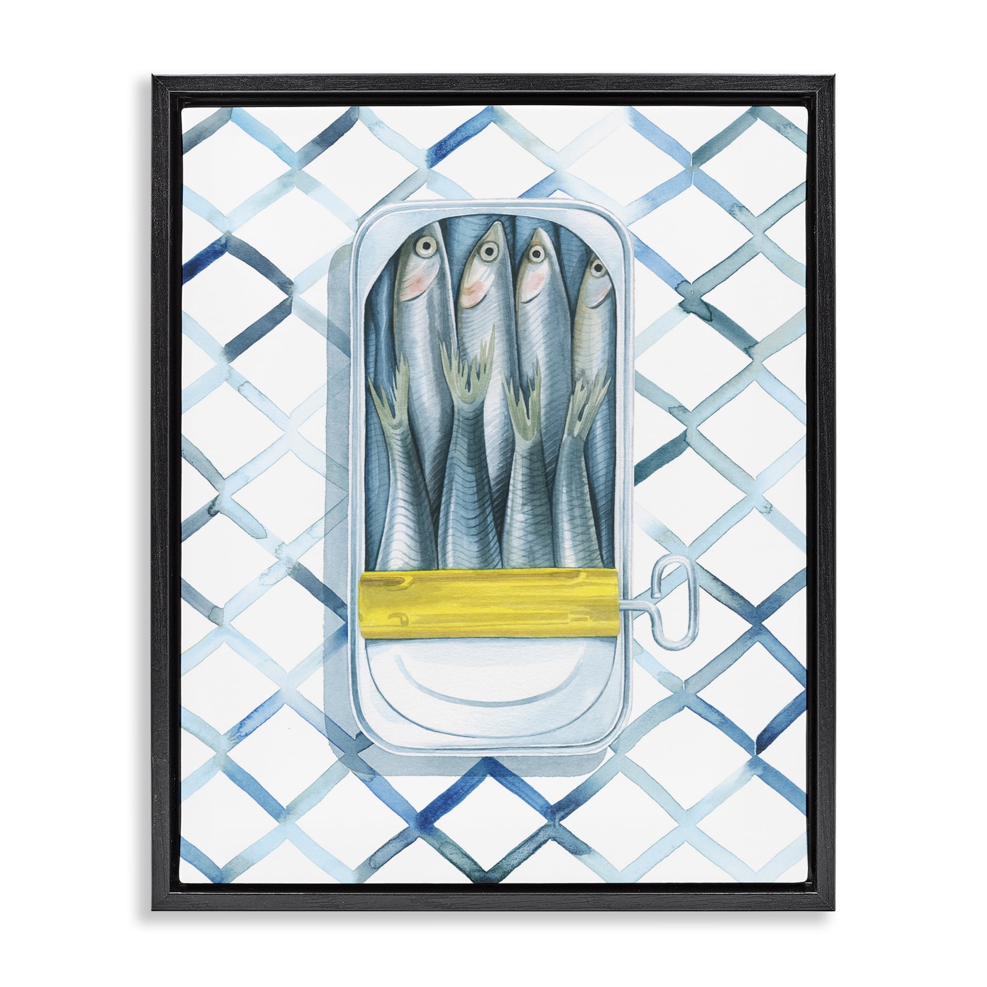 Stupell Industries Sardine Can on Pattern Food & Beverage Painting Black Floater Framed Art Print Wall Art, 17 x 21