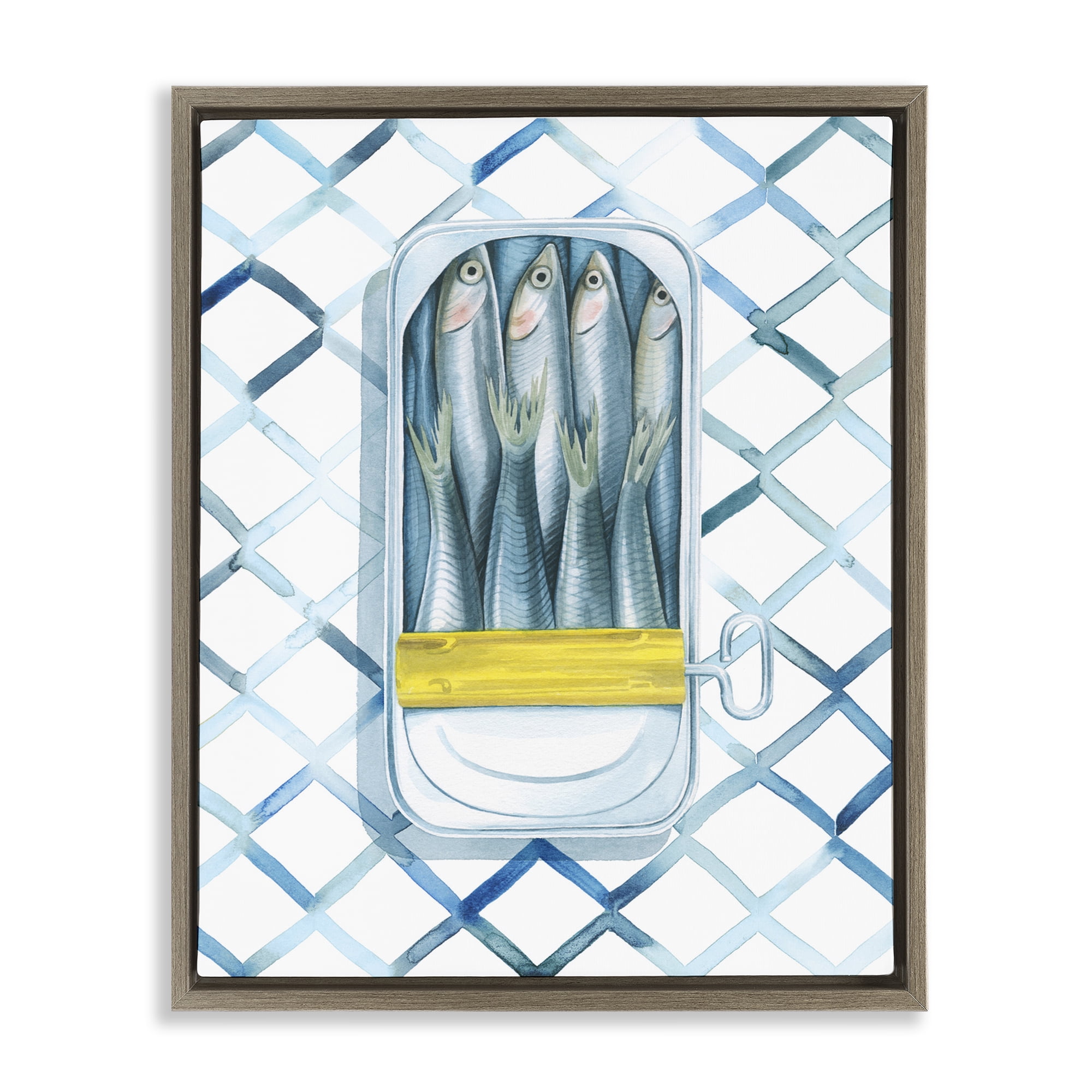 Stupell Industries Sardine Can on Pattern Food & Beverage Painting Brown Floater Framed Art Print Wall Art, 17 x 21