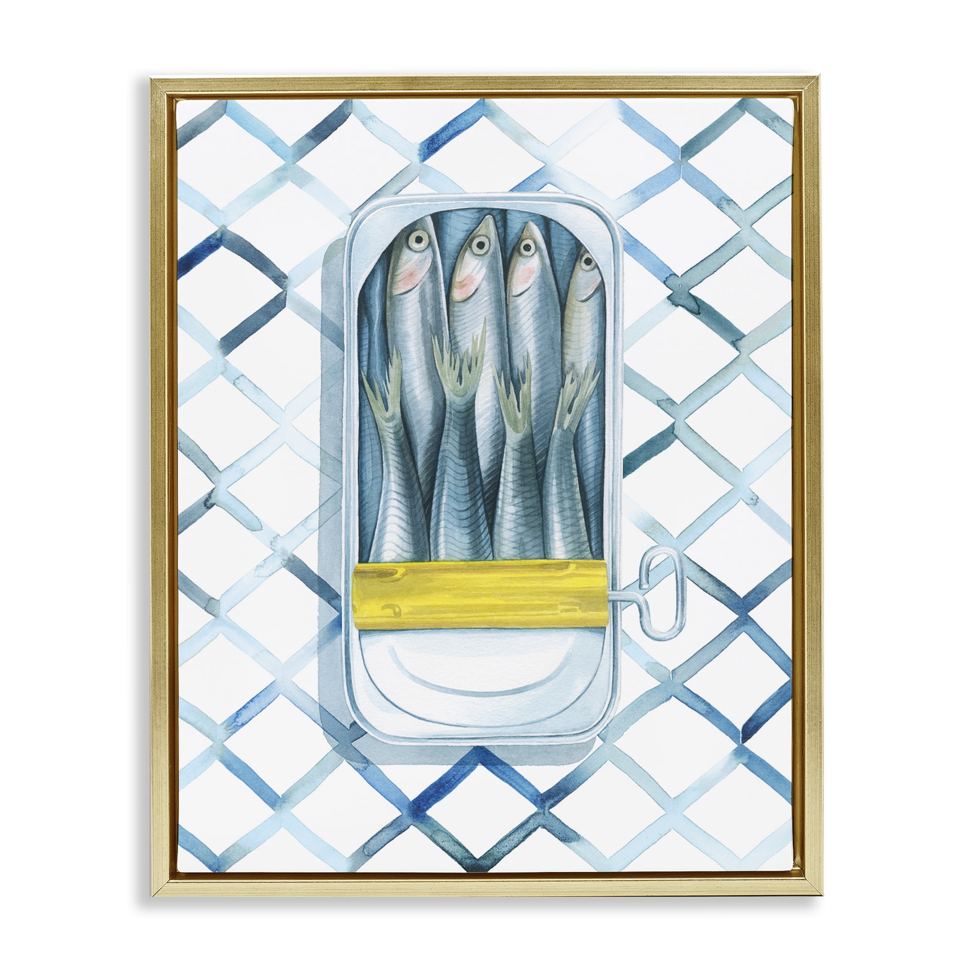 Stupell Industries Sardine Can on Pattern Food & Beverage Painting Gold Floater Framed Art Print Wall Art, 25 x 31