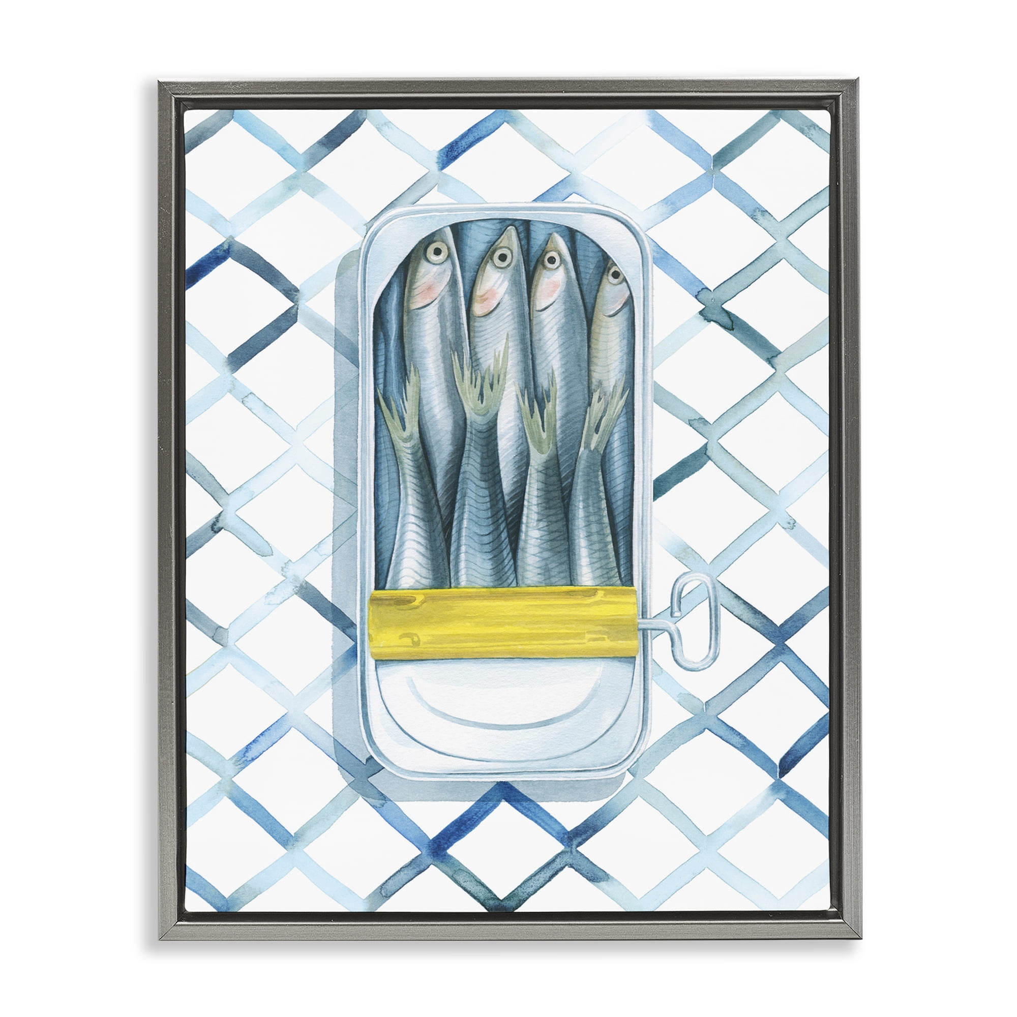 Stupell Industries Sardine Can on Pattern Food & Beverage Painting Gray Floater Framed Art Print Wall Art, 25 x 31
