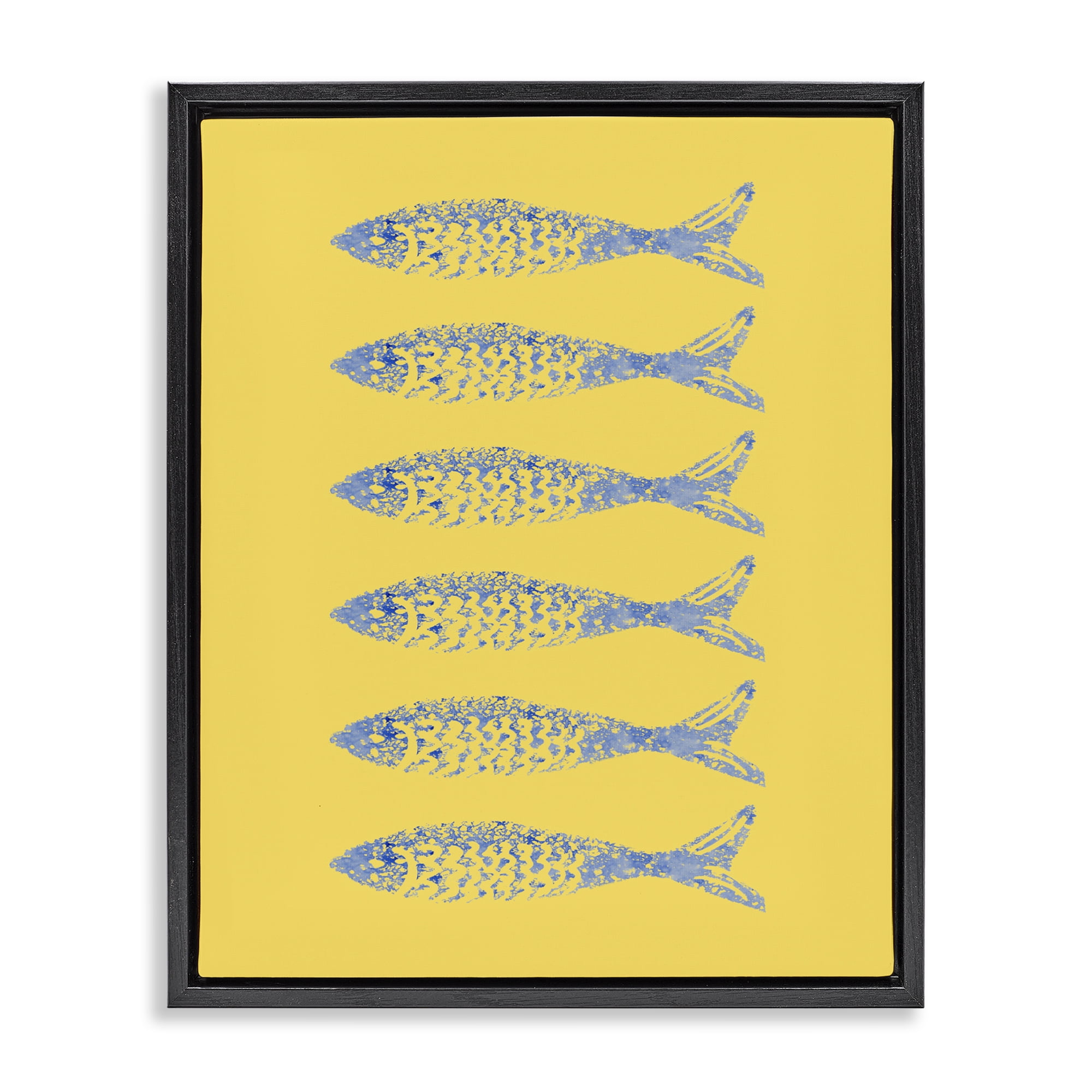 Stupell Industries Sardine Stamps on Yellow Black Framed Floater Canvas Wall Art, design by Julie DeRice