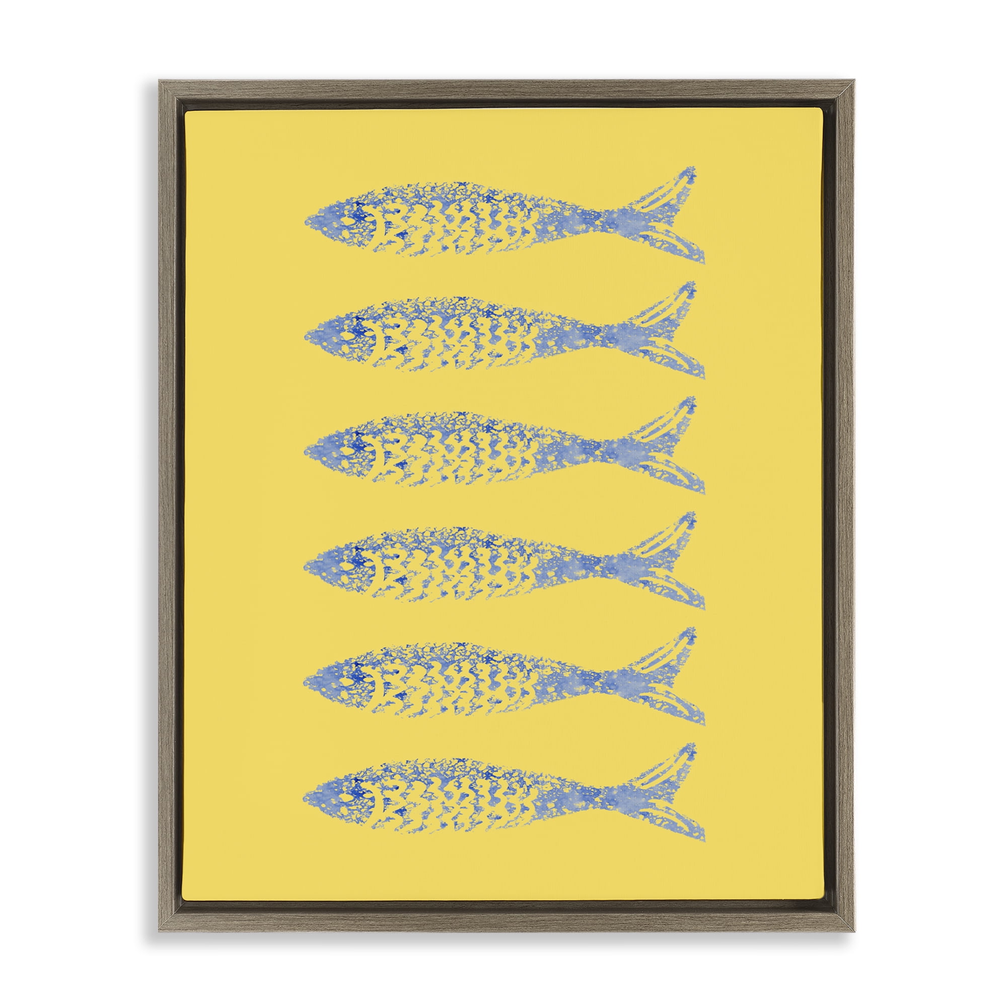 Stupell Industries Sardine Stamps on Yellow Brown Framed Floater Canvas Wall Art, design by Julie DeRice