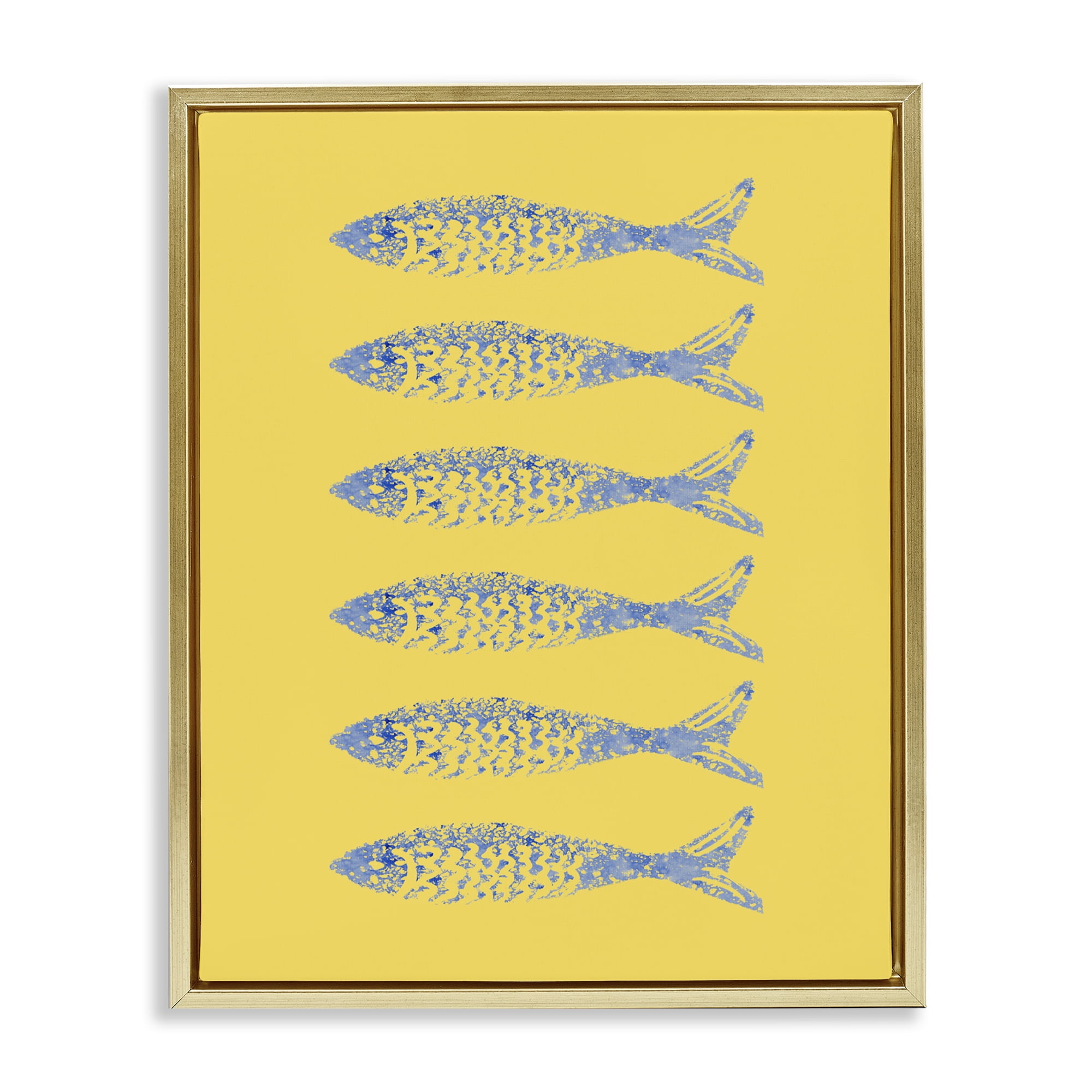 Stupell Industries Sardine Stamps on Yellow Gold Framed Floater Canvas Wall Art, design by Julie DeRice