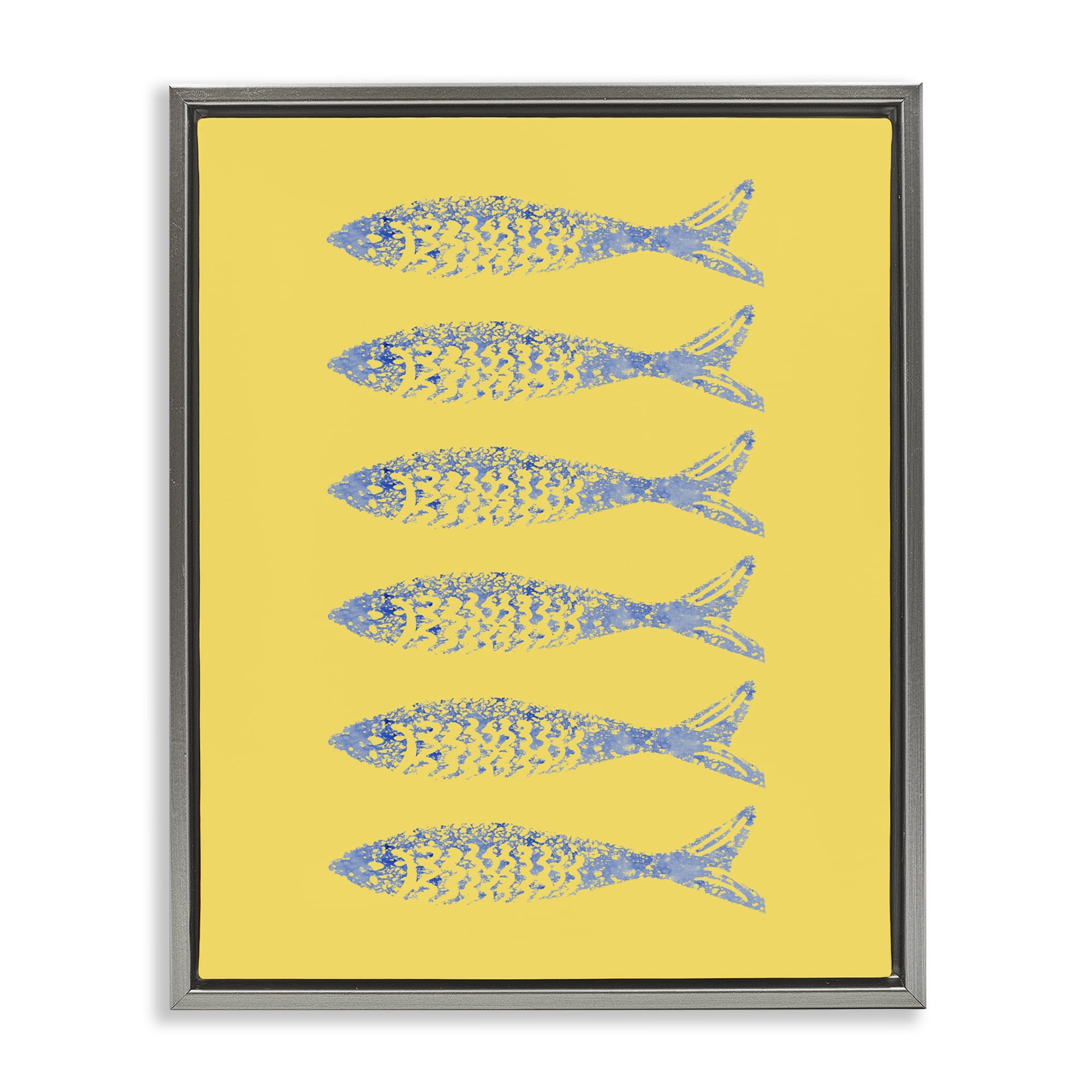Stupell Industries Sardine Stamps on Yellow Gray Framed Floater Canvas Wall Art, design by Julie DeRice