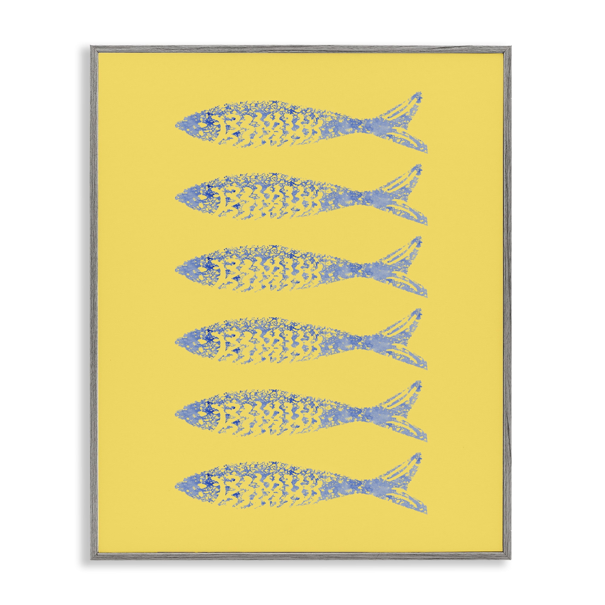 Stupell Industries Sardine Stamps on Yellow Gray Framed Giclee Art, design by Julie DeRice