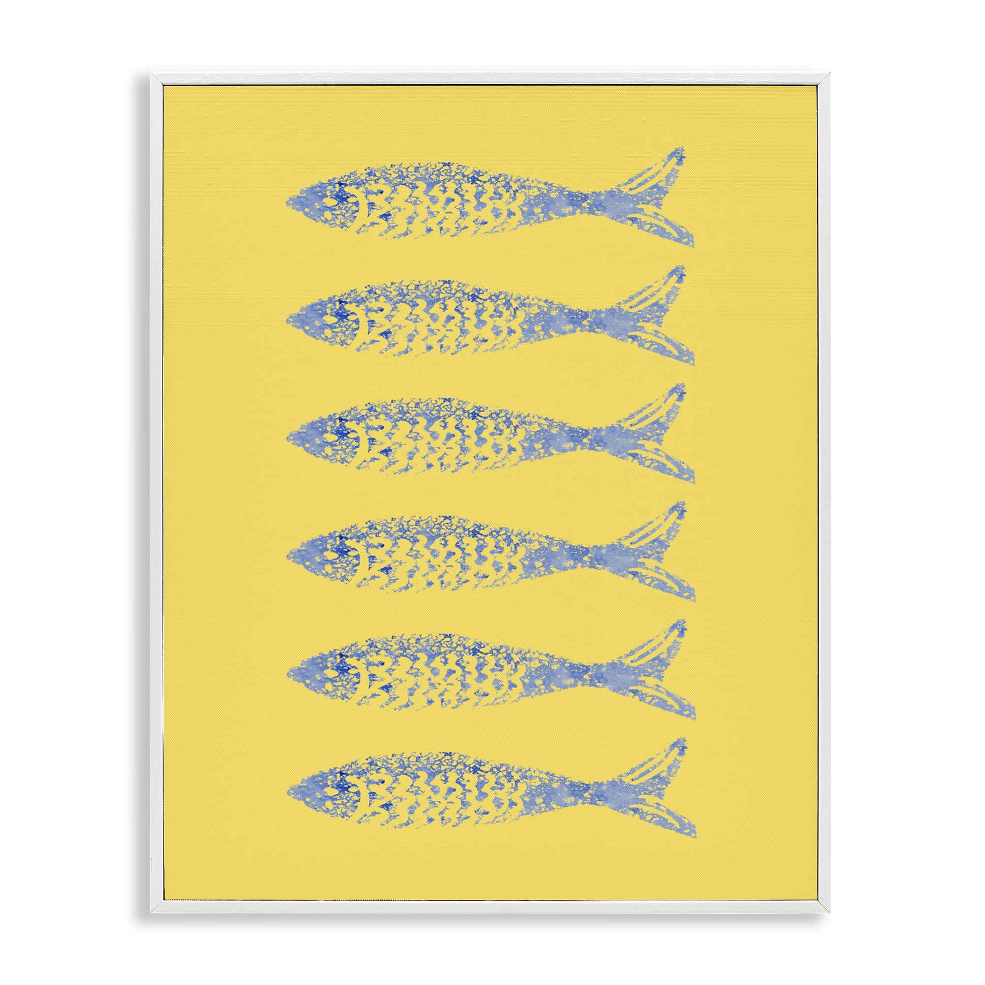 Stupell Industries Sardine Stamps on Yellow White Framed Giclee Art, design by Julie DeRice