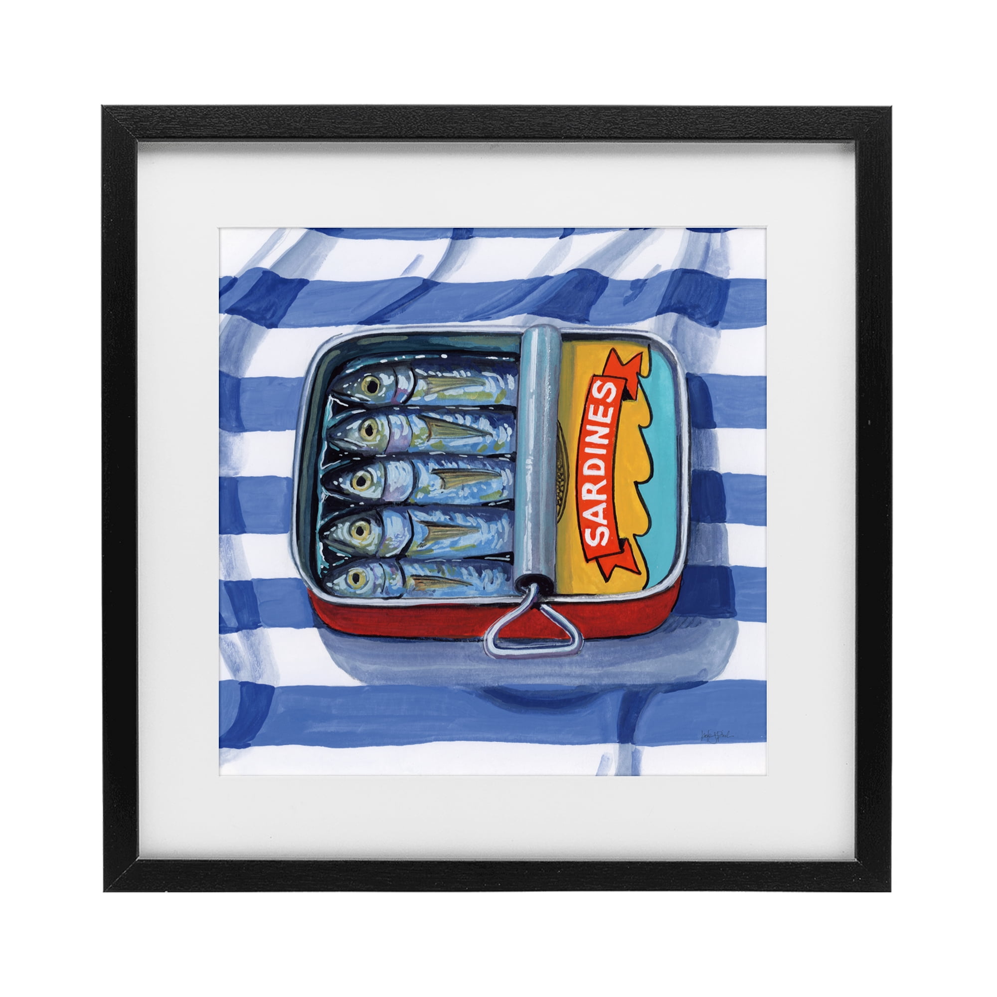 Stupell Industries Sardines On Striped Cloth Black Framed Print Under Glass, design by Kate Jarvik Birch