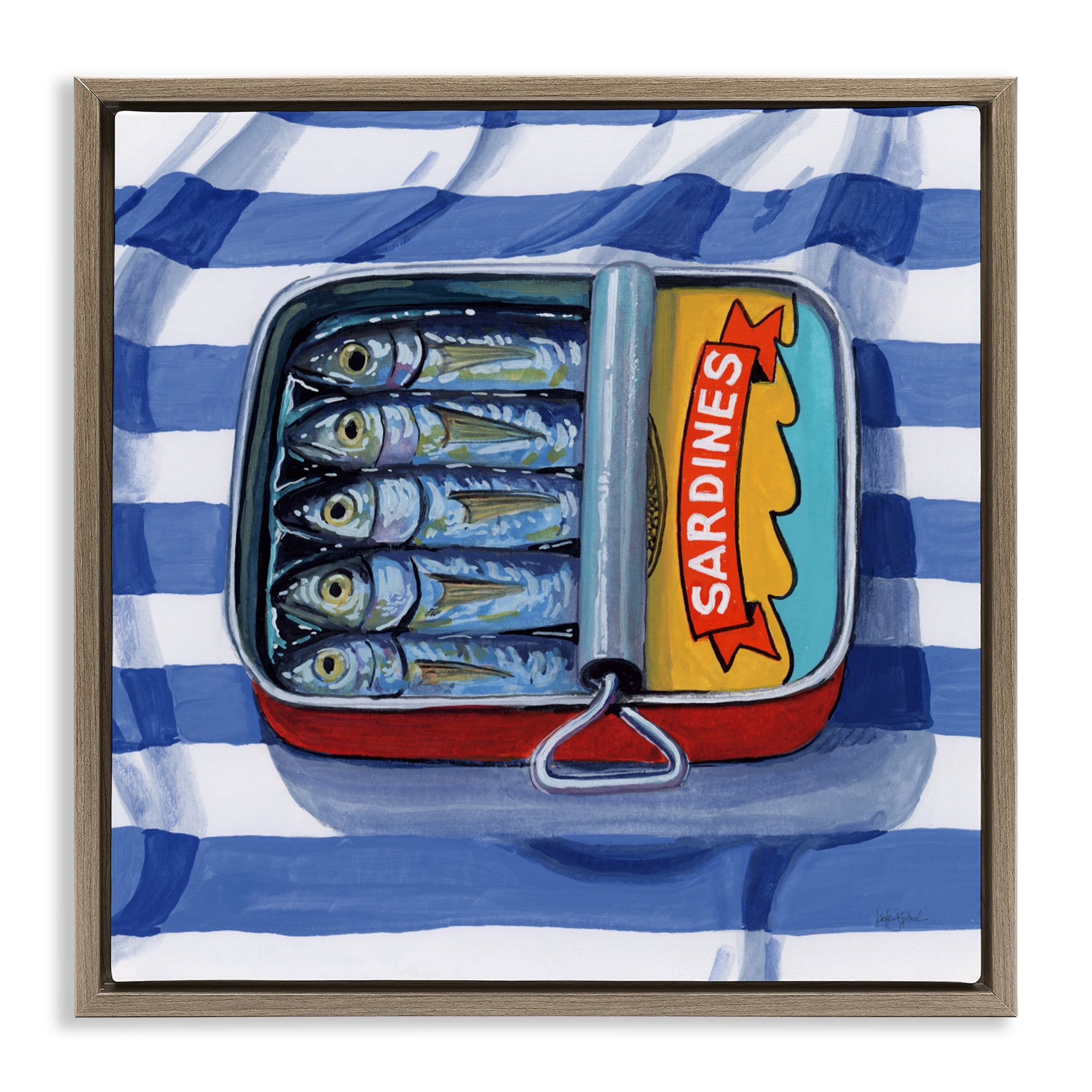 Stupell Industries Sardines On Striped Cloth Brown Framed Floater Canvas Wall Art, design by Kate Jarvik Birch