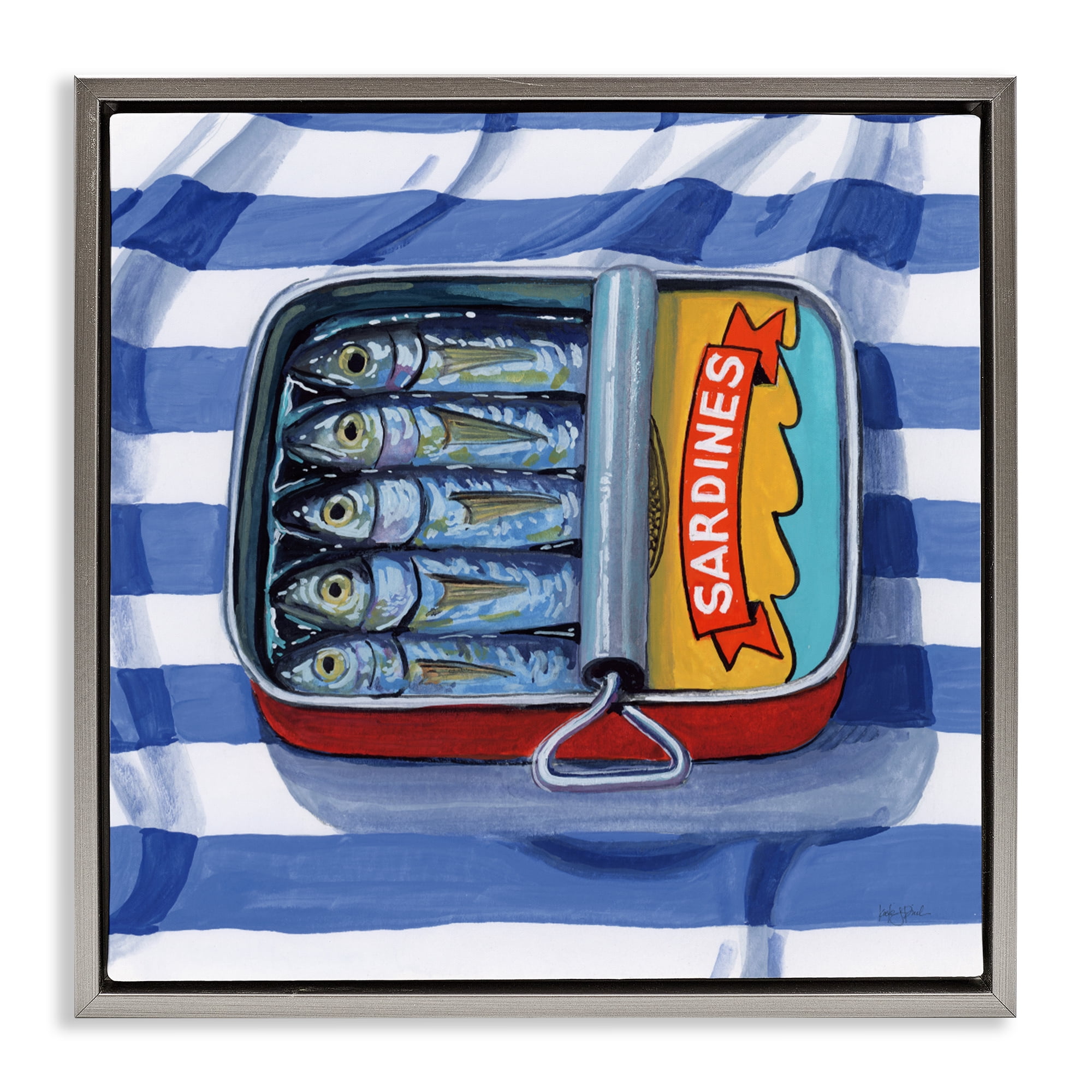 Stupell Industries Sardines On Striped Cloth Gray Framed Floater Canvas Wall Art, design by Kate Jarvik Birch