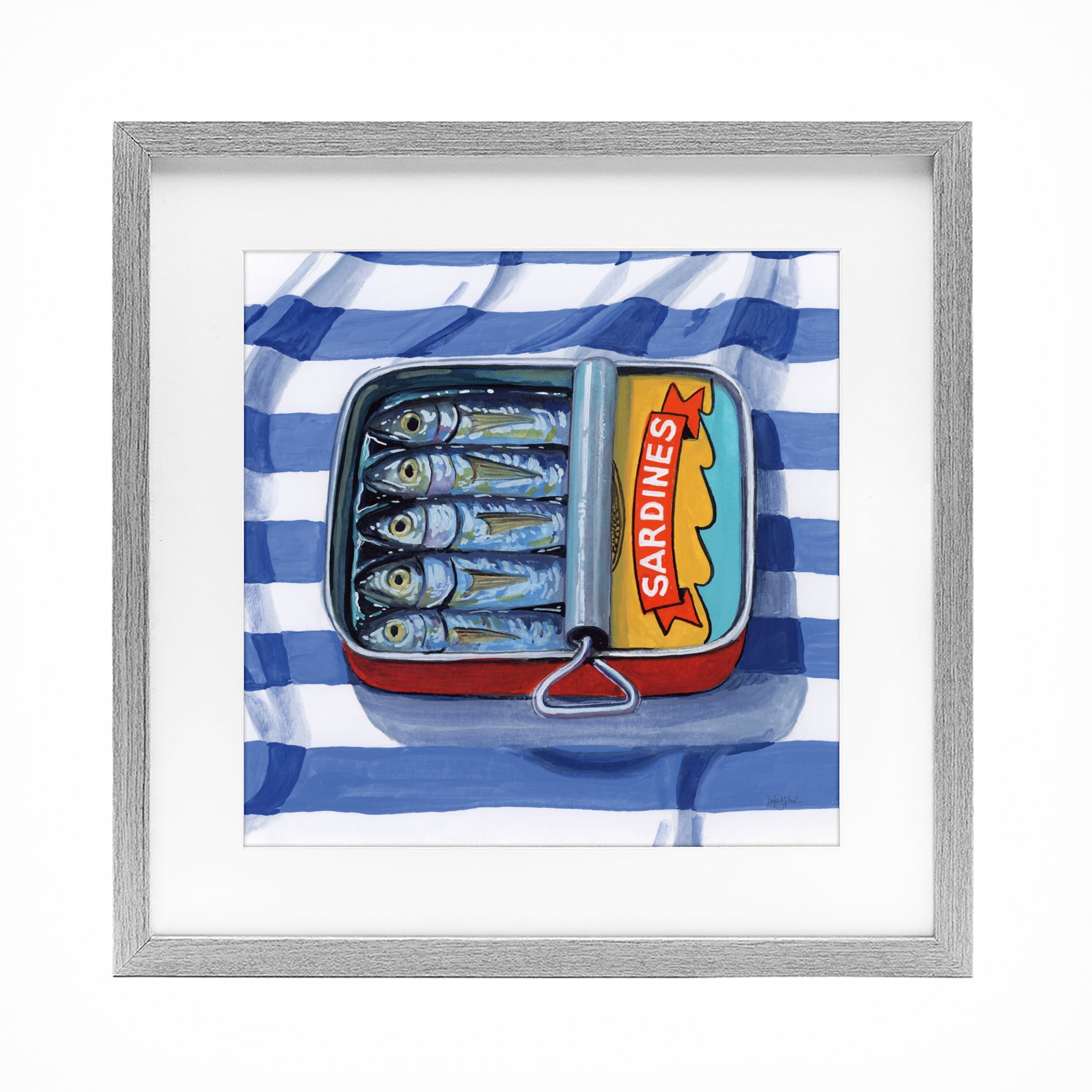 Stupell Industries Sardines On Striped Cloth Gray Framed Print Under Glass, design by Kate Jarvik Birch