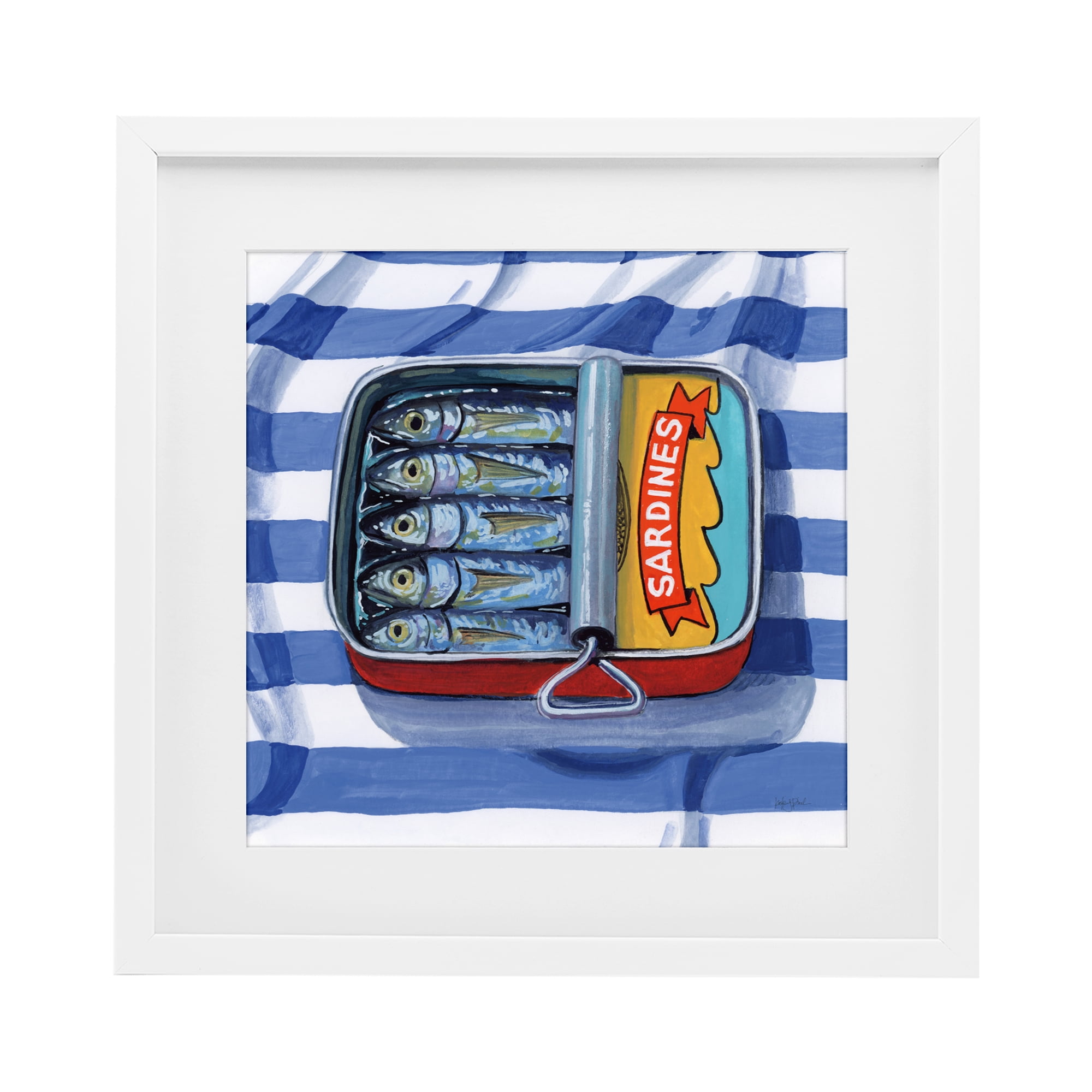 Stupell Industries Sardines On Striped Cloth White Framed Print Under Glass, design by Kate Jarvik Birch