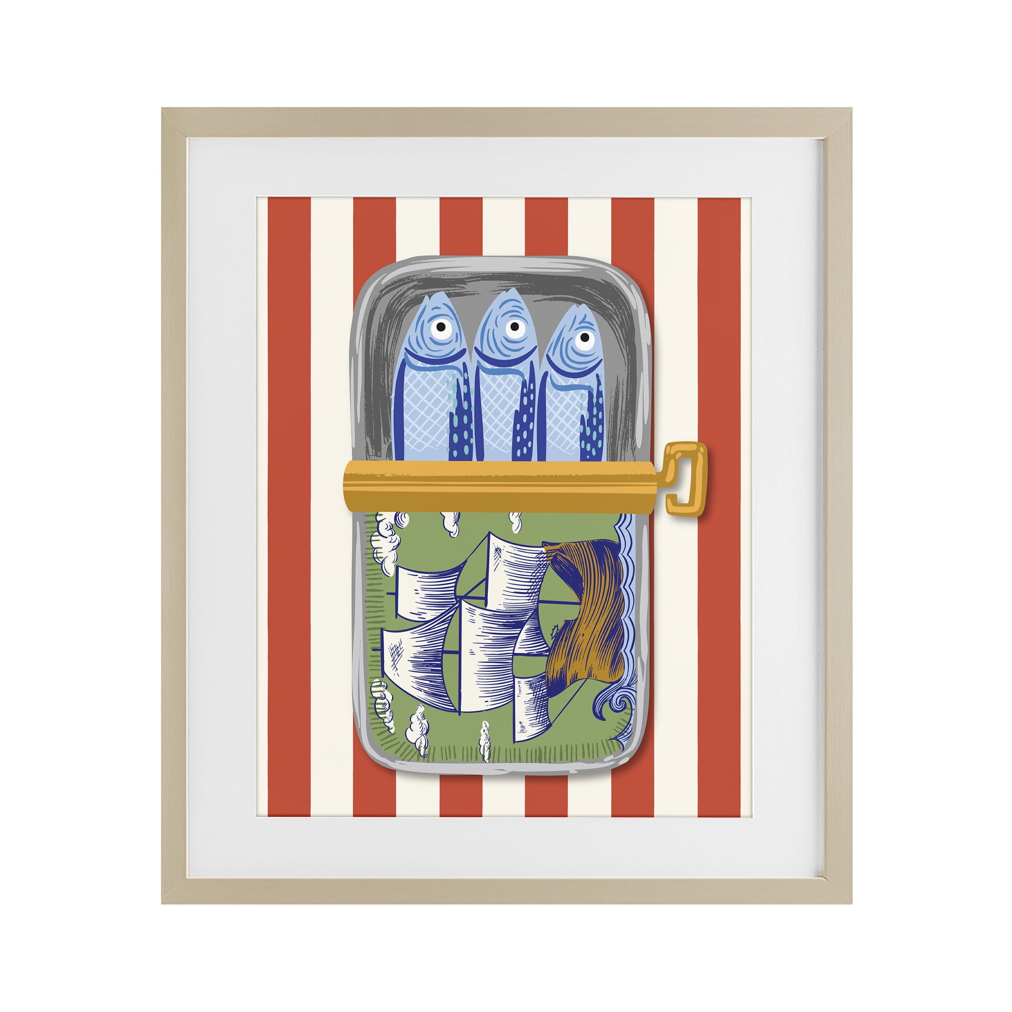 Stupell Industries Sardines with Antique Ship Birch Framed Print Under Glass, design by Arrolynn Weiderhold
